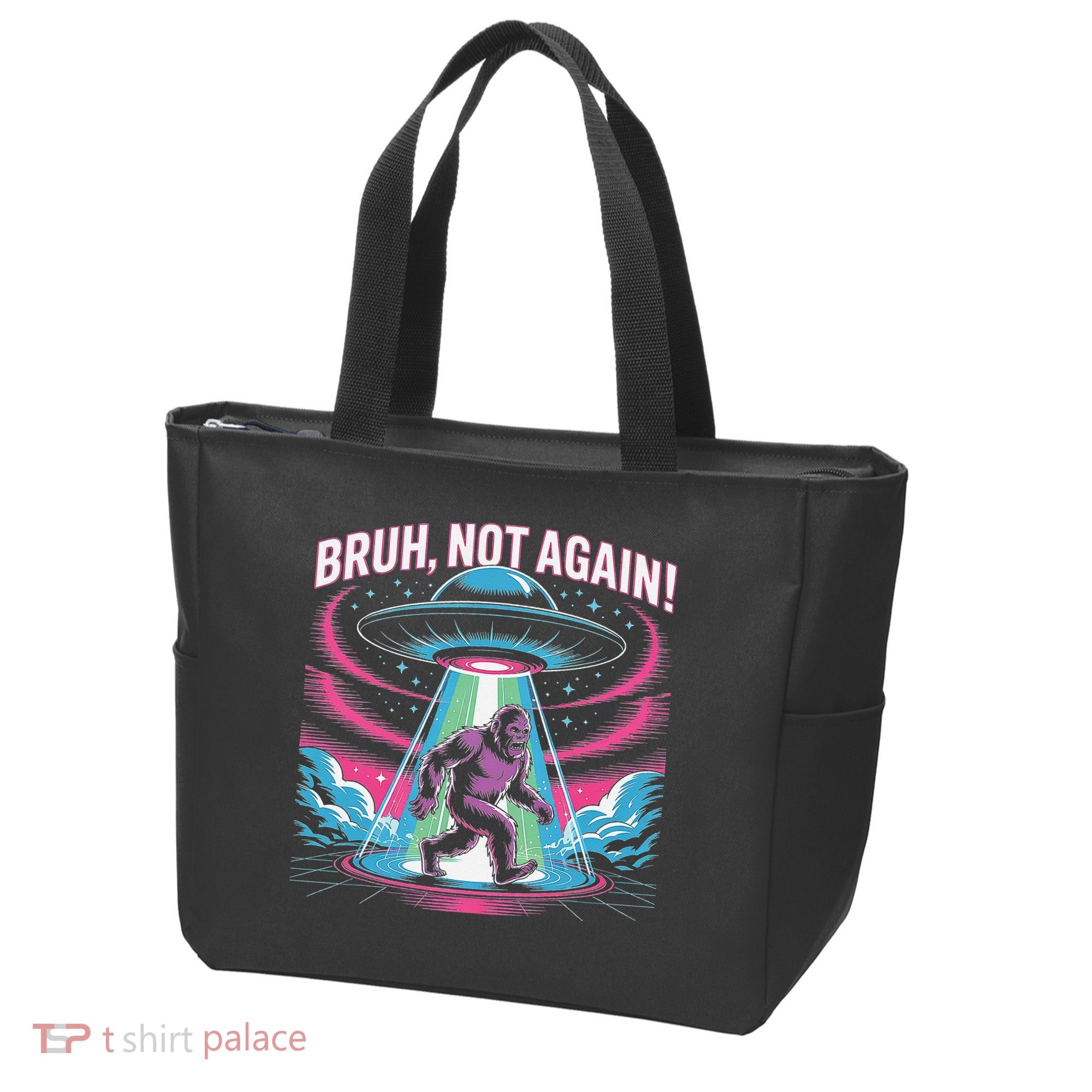 Cartoon Bigfoot  Alien UFO Funny Bruh Not Again Retro 80s Tote Bag