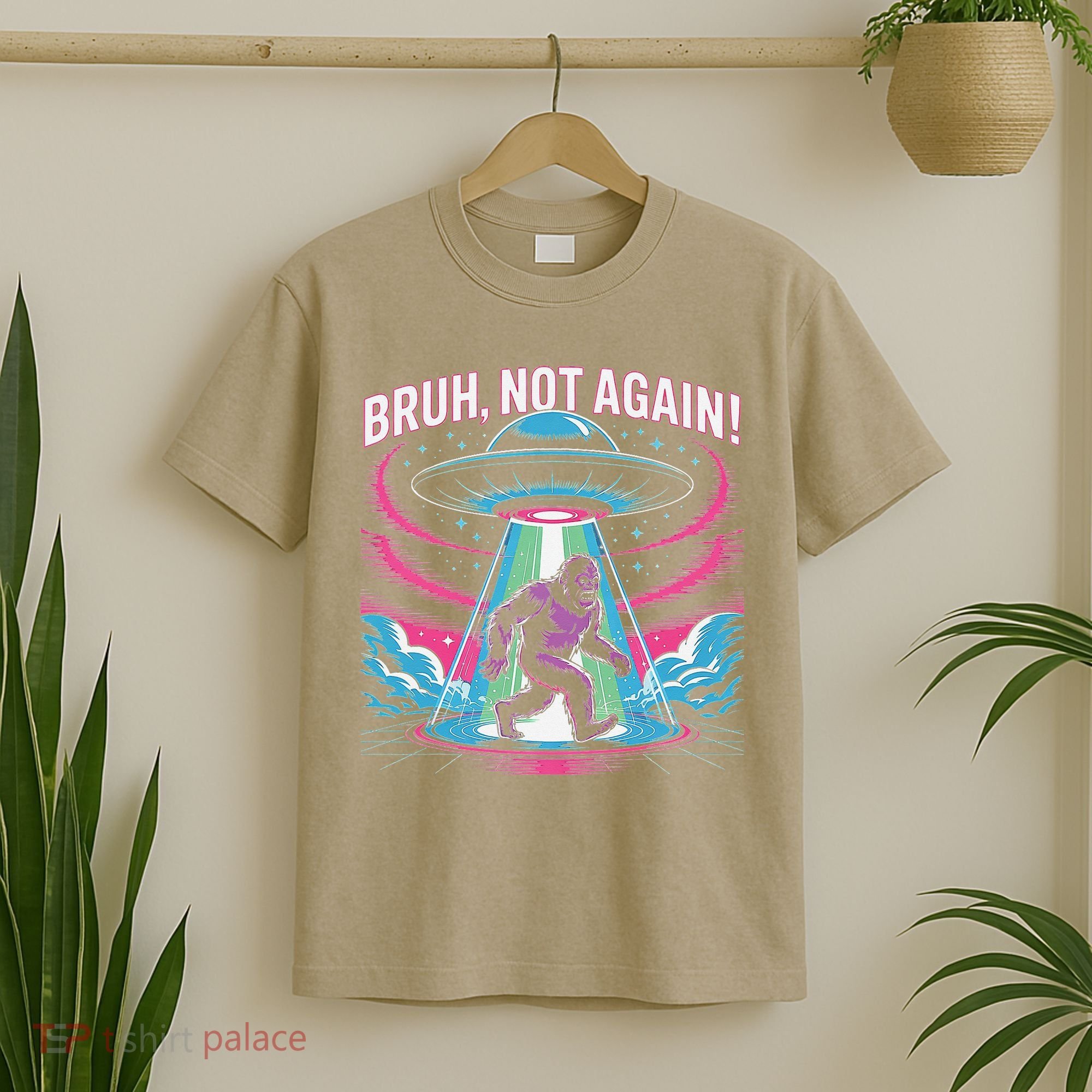 Cartoon Bigfoot  Alien UFO Funny Bruh Not Again Retro 80s T-Shirt