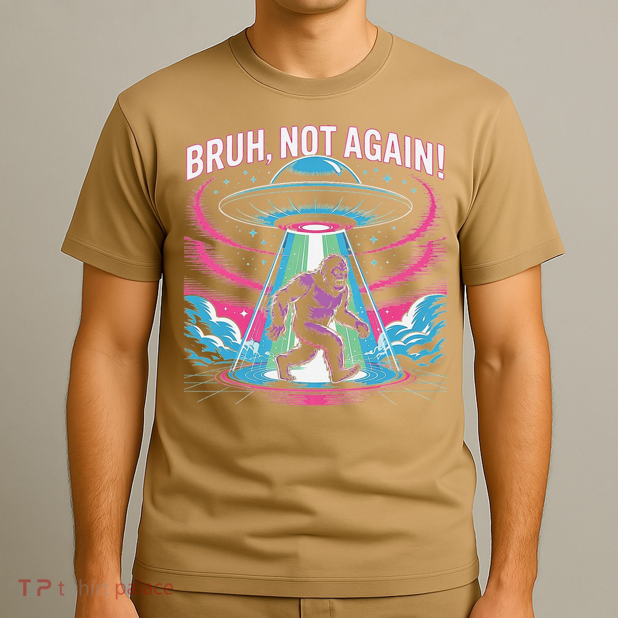 Cartoon Bigfoot  Alien UFO Funny Bruh Not Again Retro 80s T-Shirt