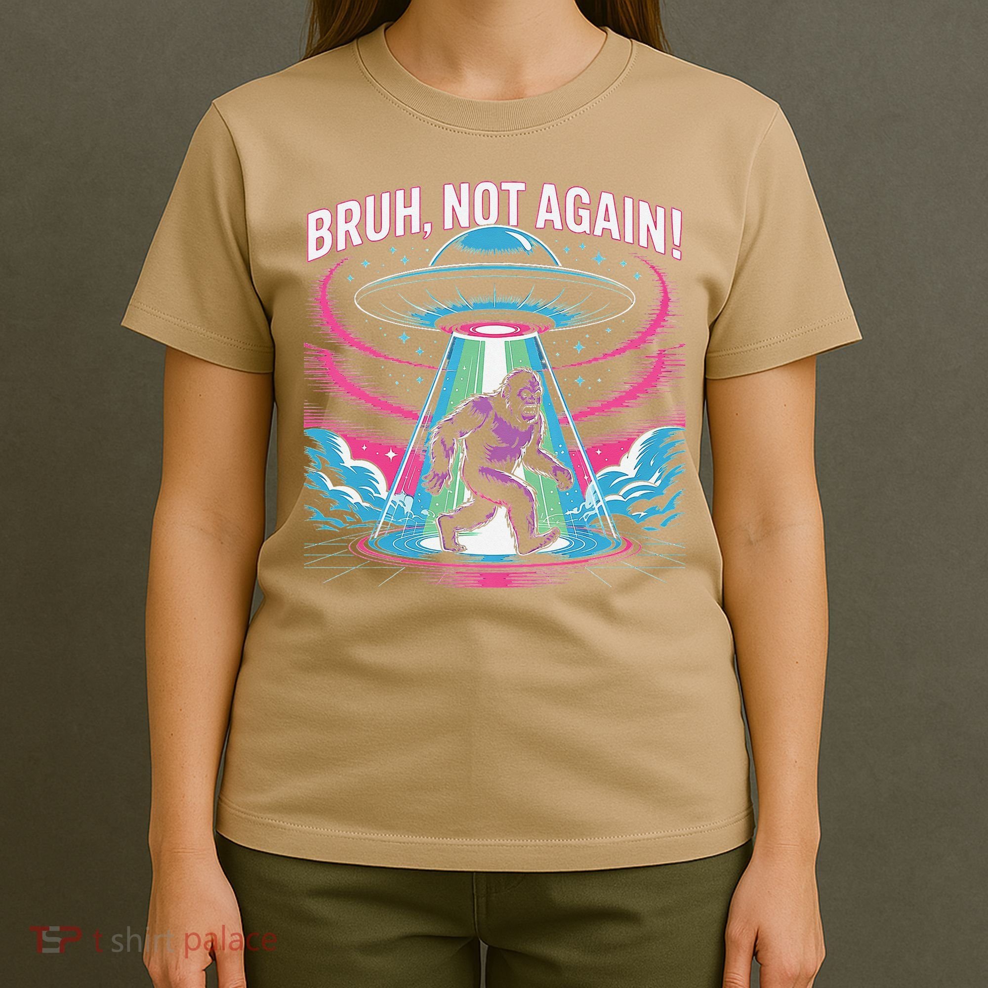 Cartoon Bigfoot  Alien UFO Funny Bruh Not Again Retro 80s T-Shirt