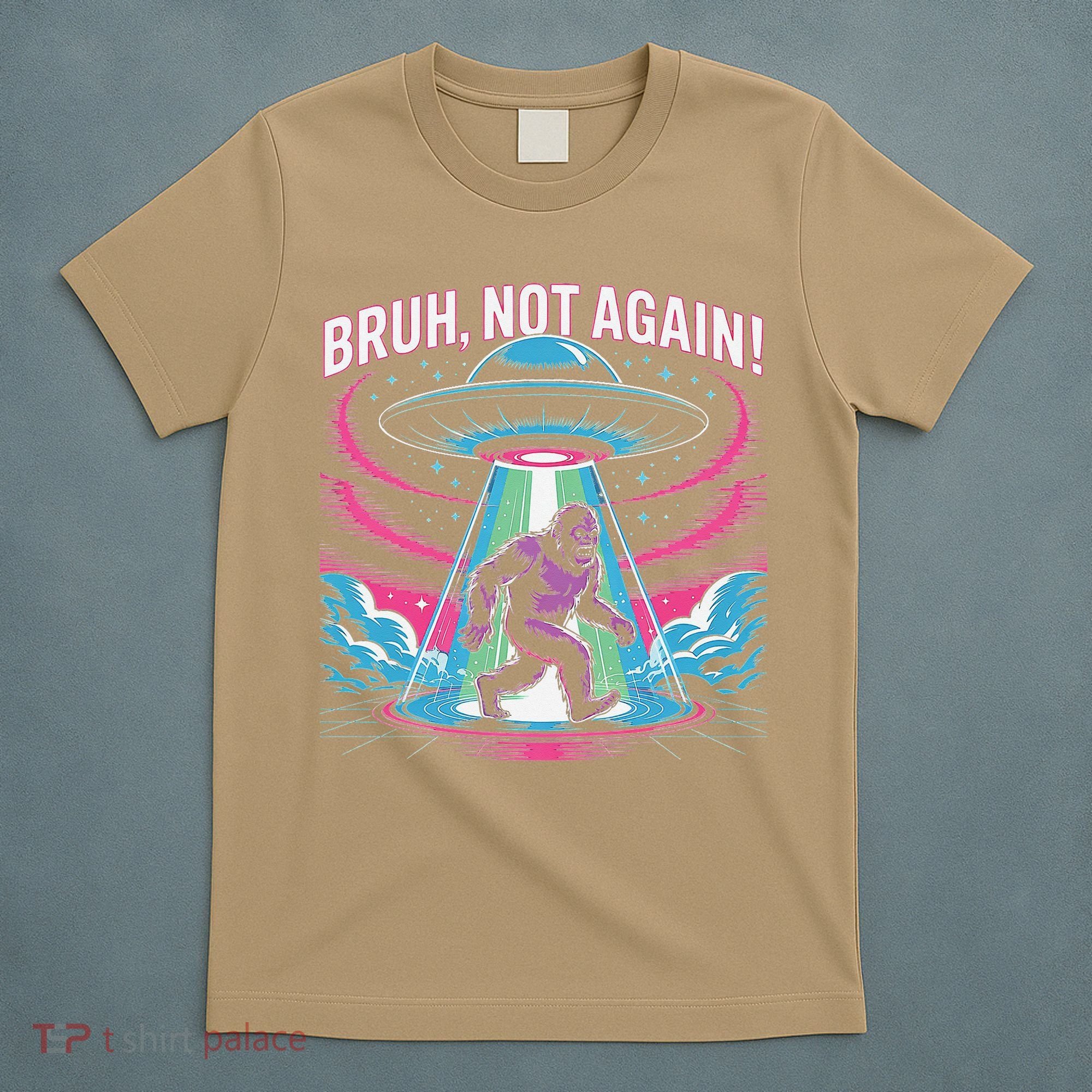 Cartoon Bigfoot  Alien UFO Funny Bruh Not Again Retro 80s T-Shirt