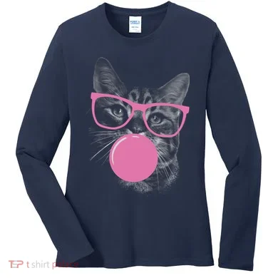 Cat Blowing Bubble Gum Women's Long Sleeve Shirt