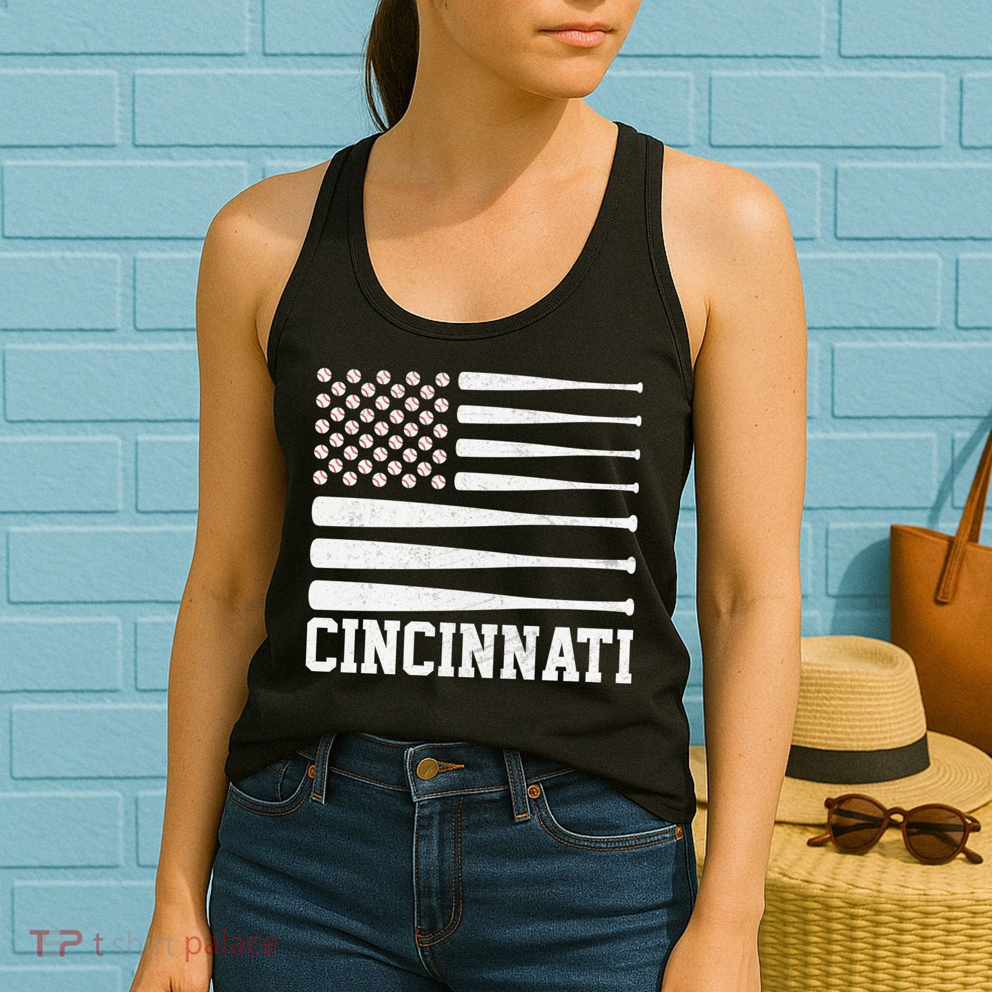 Cincinnati Baseball Bat American Flag Women's Tank Top