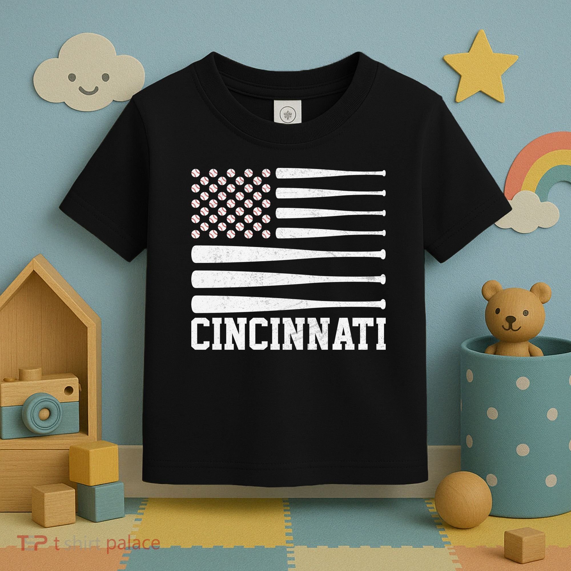 Cincinnati Baseball Bat American Flag Toddler T-Shirt