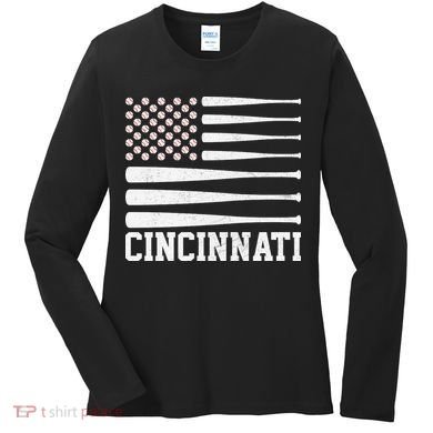 Cincinnati Baseball Bat American Flag Women's Long Sleeve Shirt