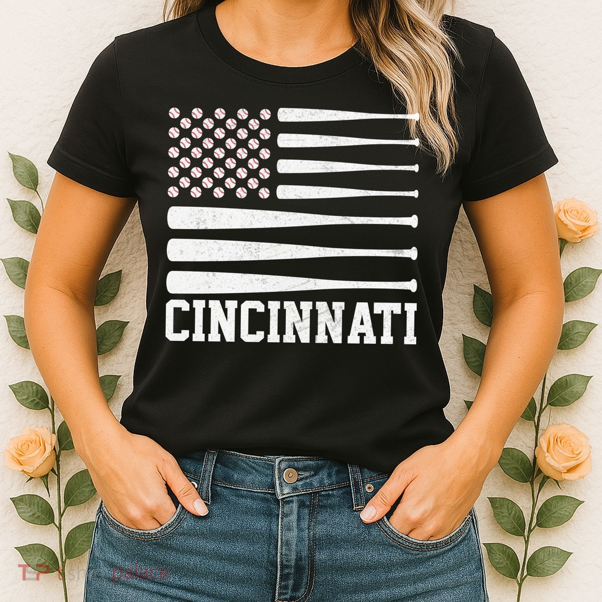 Cincinnati Baseball Bat American Flag Women's T-Shirt