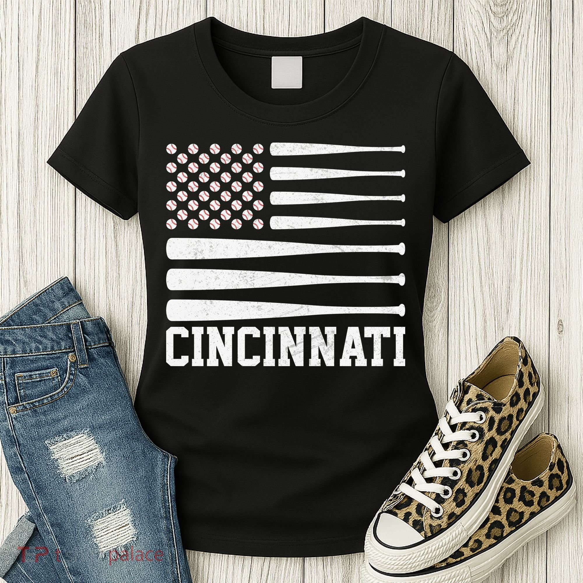 Cincinnati Baseball Bat American Flag Women's T-Shirt