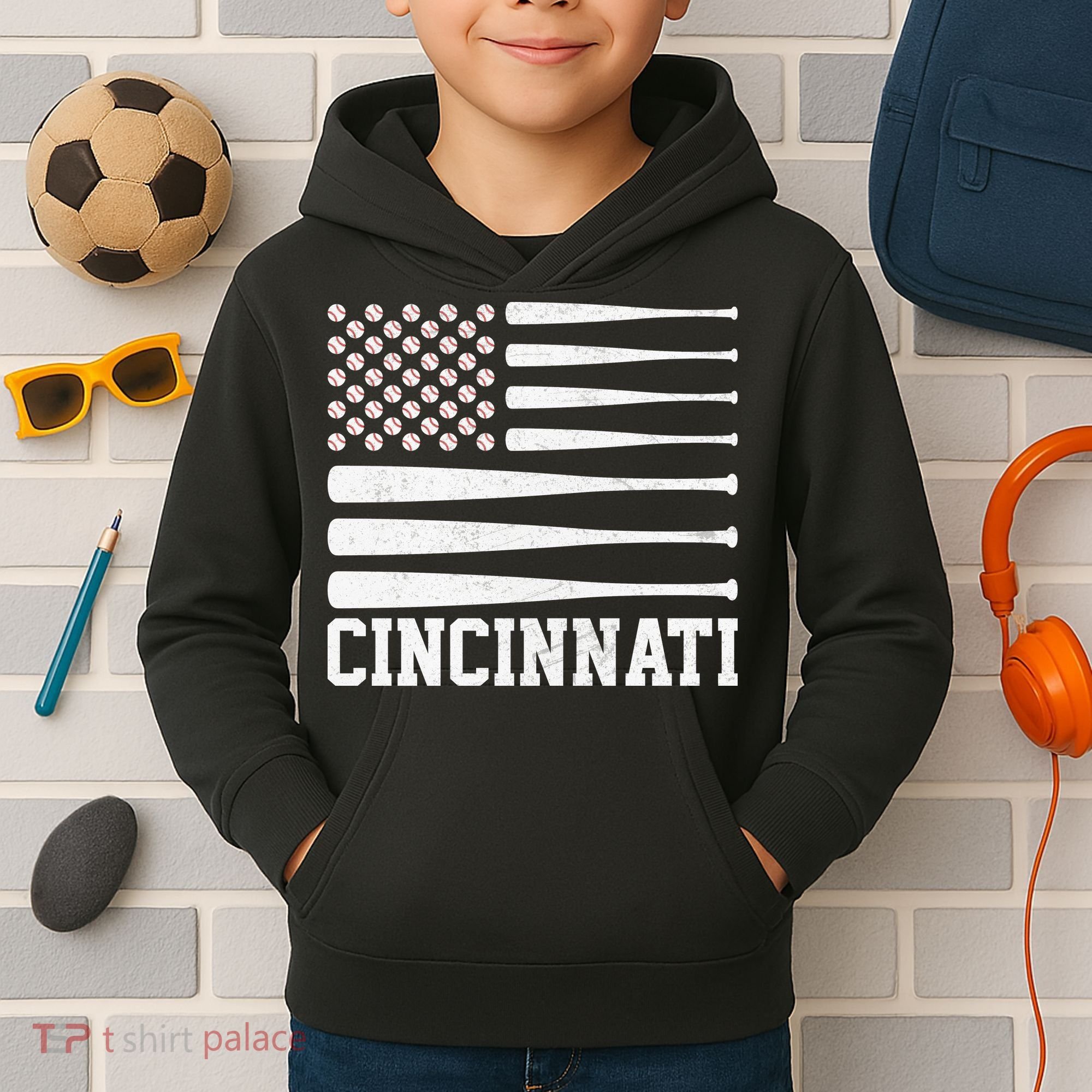 Cincinnati Baseball Bat American Flag Kids Hoodie