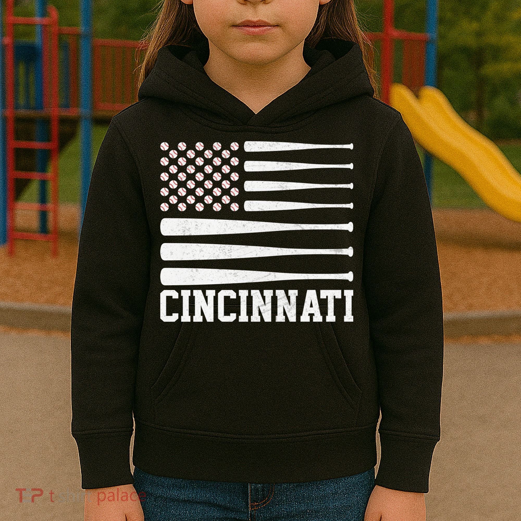 Cincinnati Baseball Bat American Flag Kids Hoodie