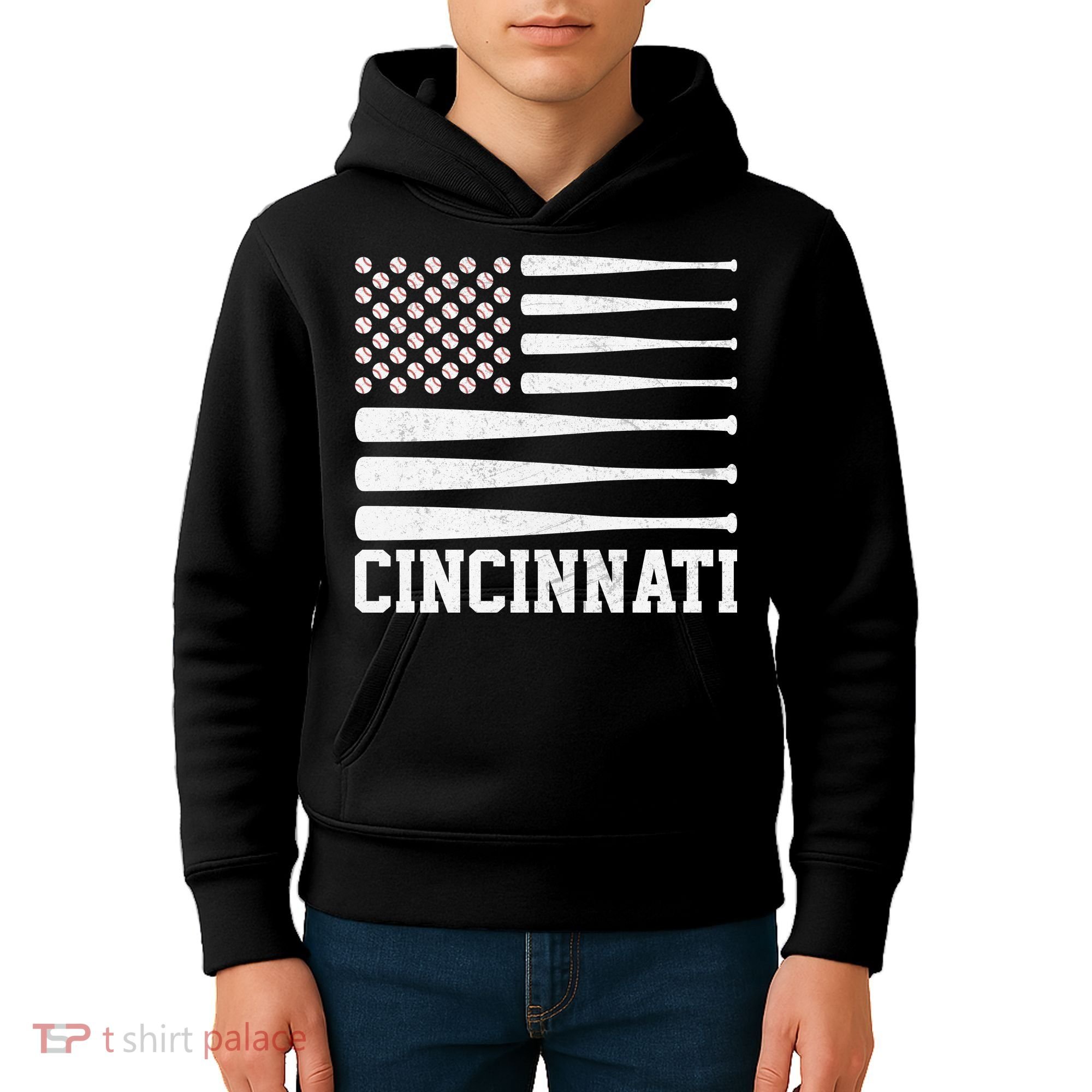 Cincinnati Baseball Bat American Flag Kids Hoodie