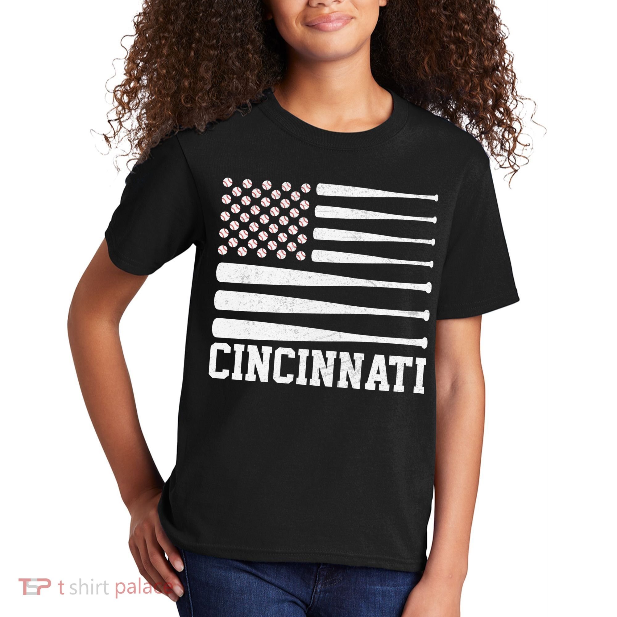 Cincinnati Baseball Bat American Flag Kids T-Shirt