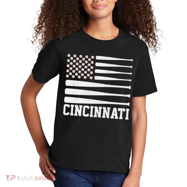 Cincinnati Baseball Bat American Flag Kids T-Shirt