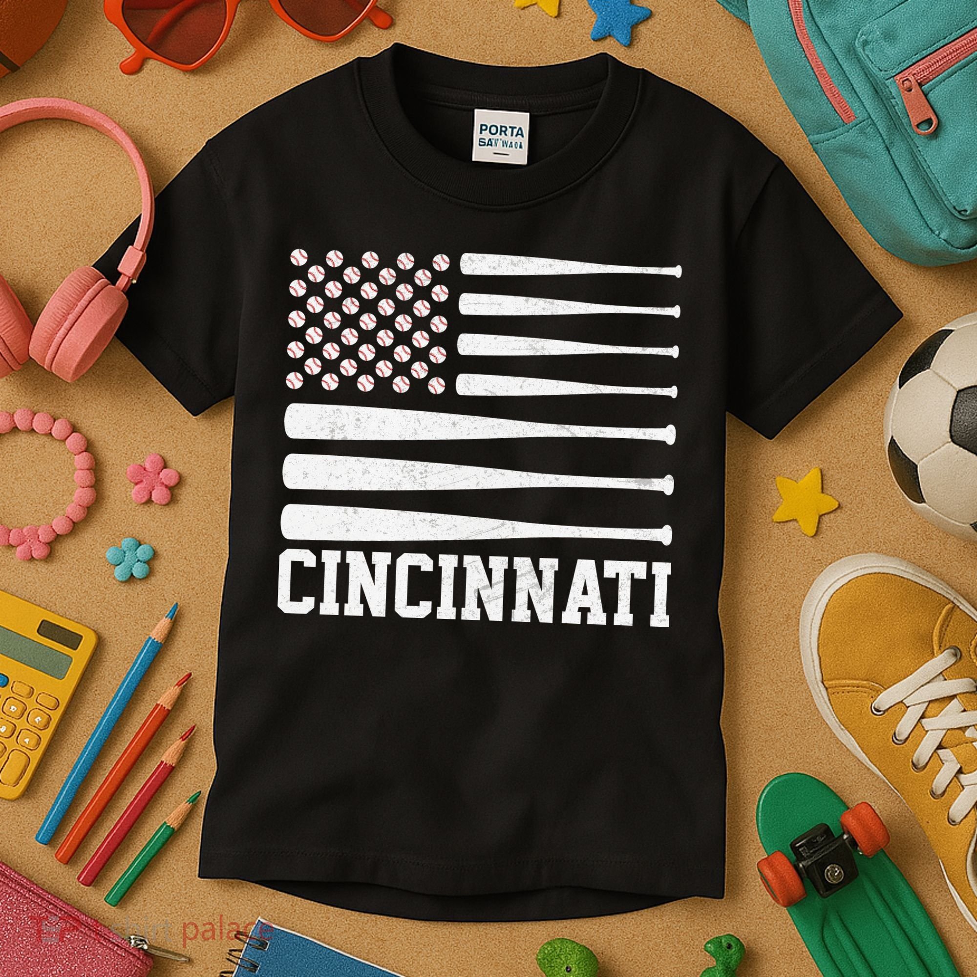 Cincinnati Baseball Bat American Flag Kids T-Shirt