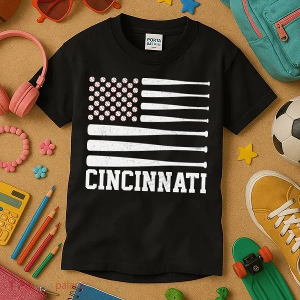 Cincinnati Baseball Bat American Flag Kids T-Shirt