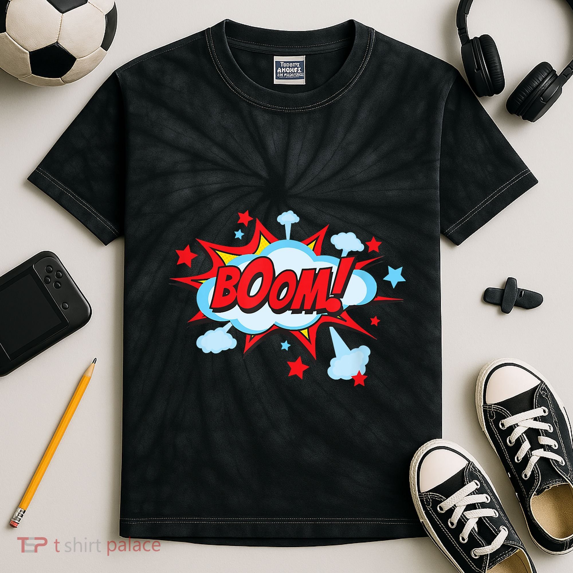 Comic Book BOOM , Funny Retro Costume, Superhero Kids Tie-Dye T-Shirt