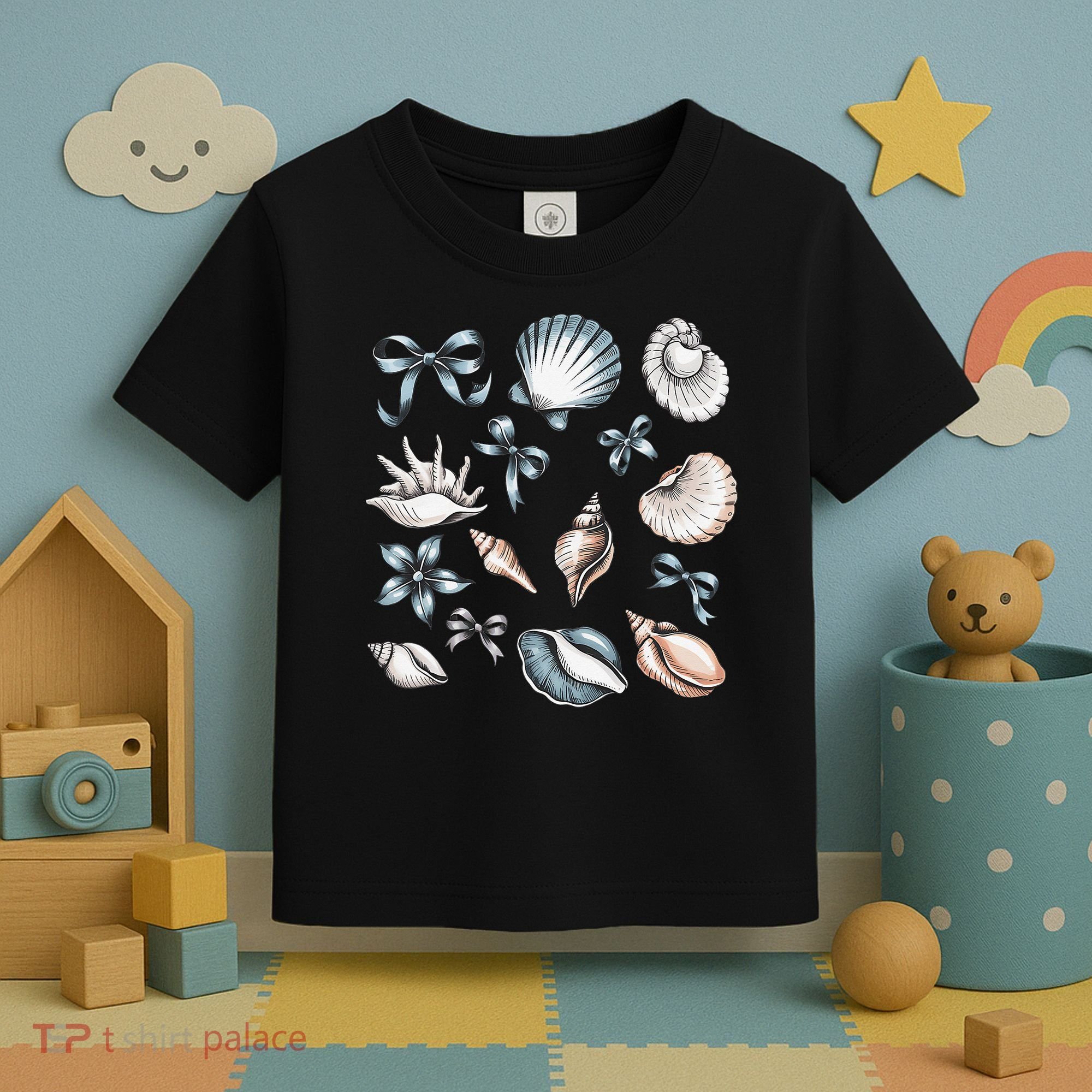 Coquette Blue Bow Ocean Beach Retro Summer Women Toddler T-Shirt