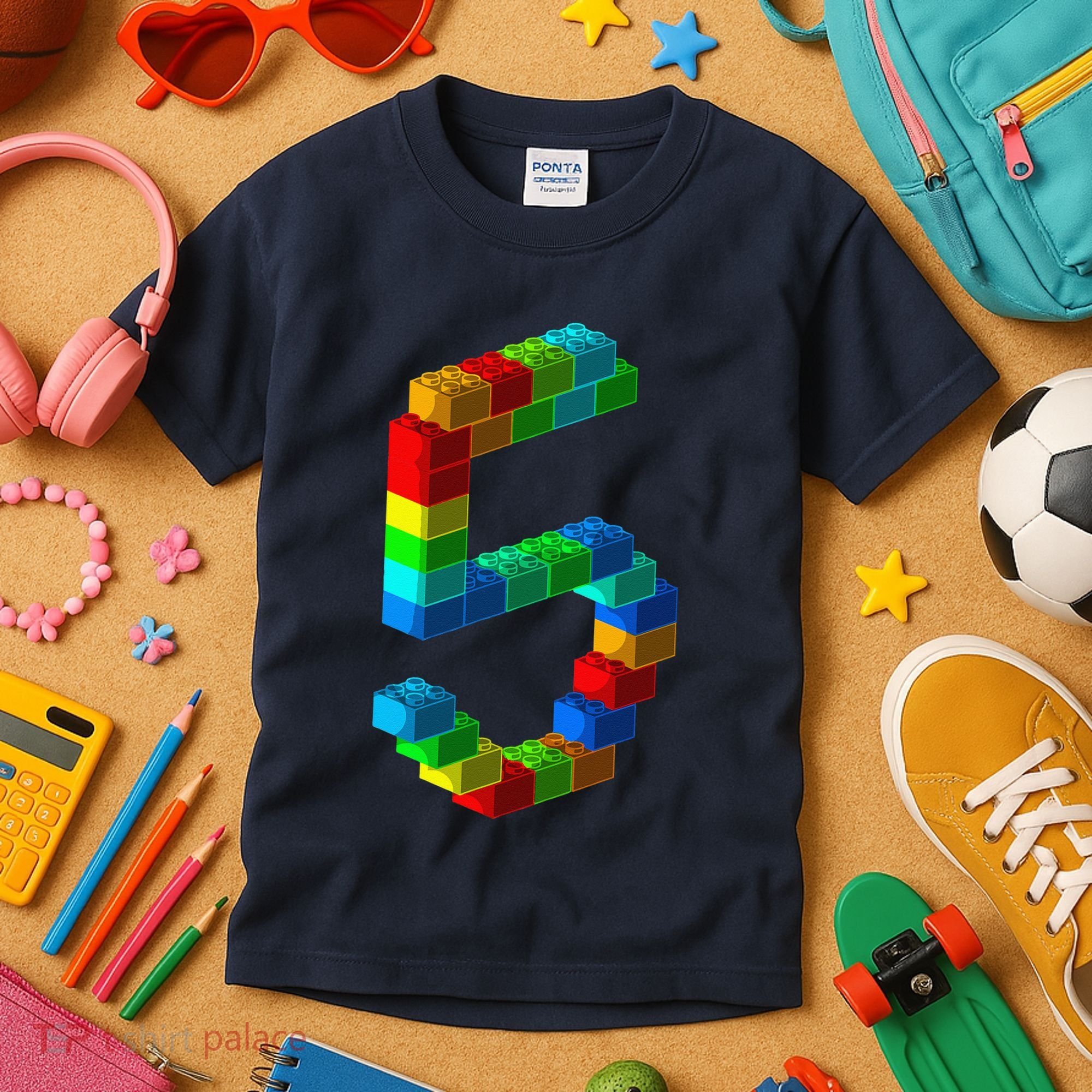 Cute Block Building 5th Birthday Gift 5 Years Old Boy Girl Kids T-Shirt