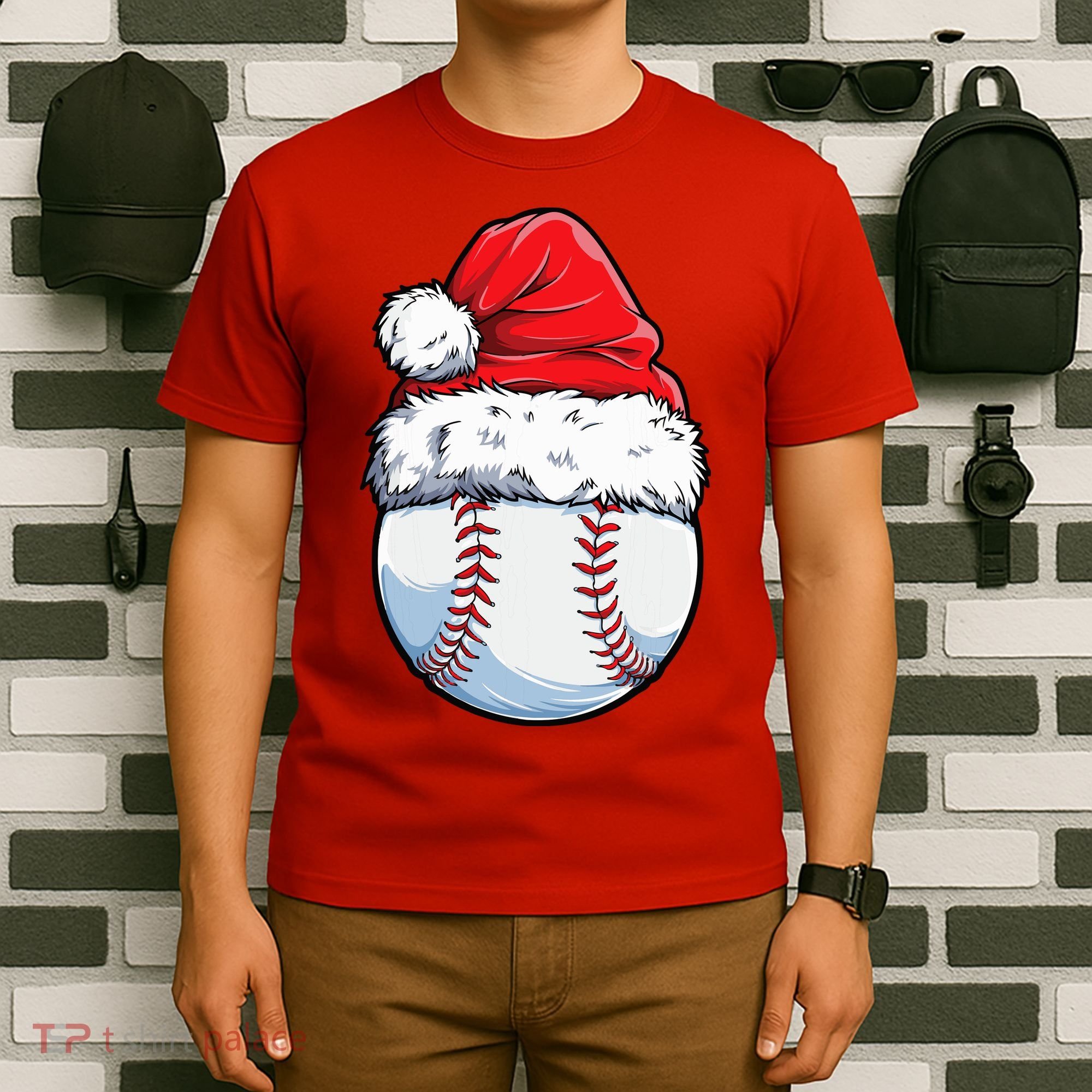Christmas Baseball Ball Santa Hat Xmas Boys T-Shirt