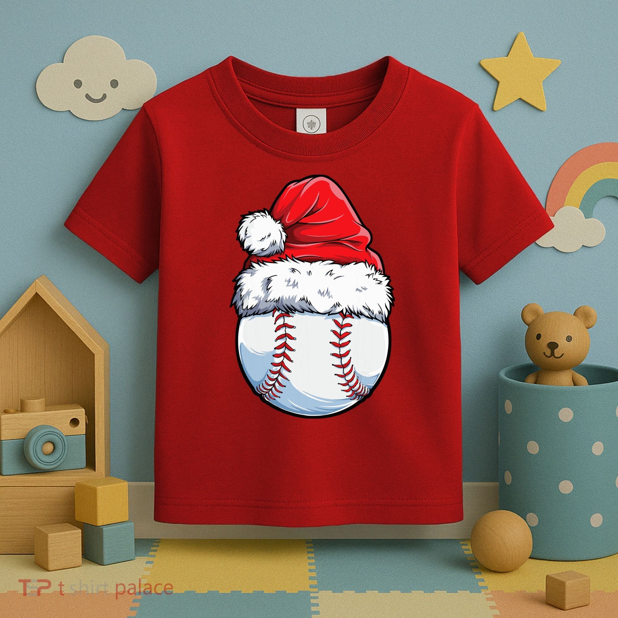 Christmas Baseball Ball Santa Hat Xmas Boys Toddler T-Shirt