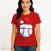Christmas Baseball Ball Santa Hat Xmas Boys Women's T-Shirt thumb 4