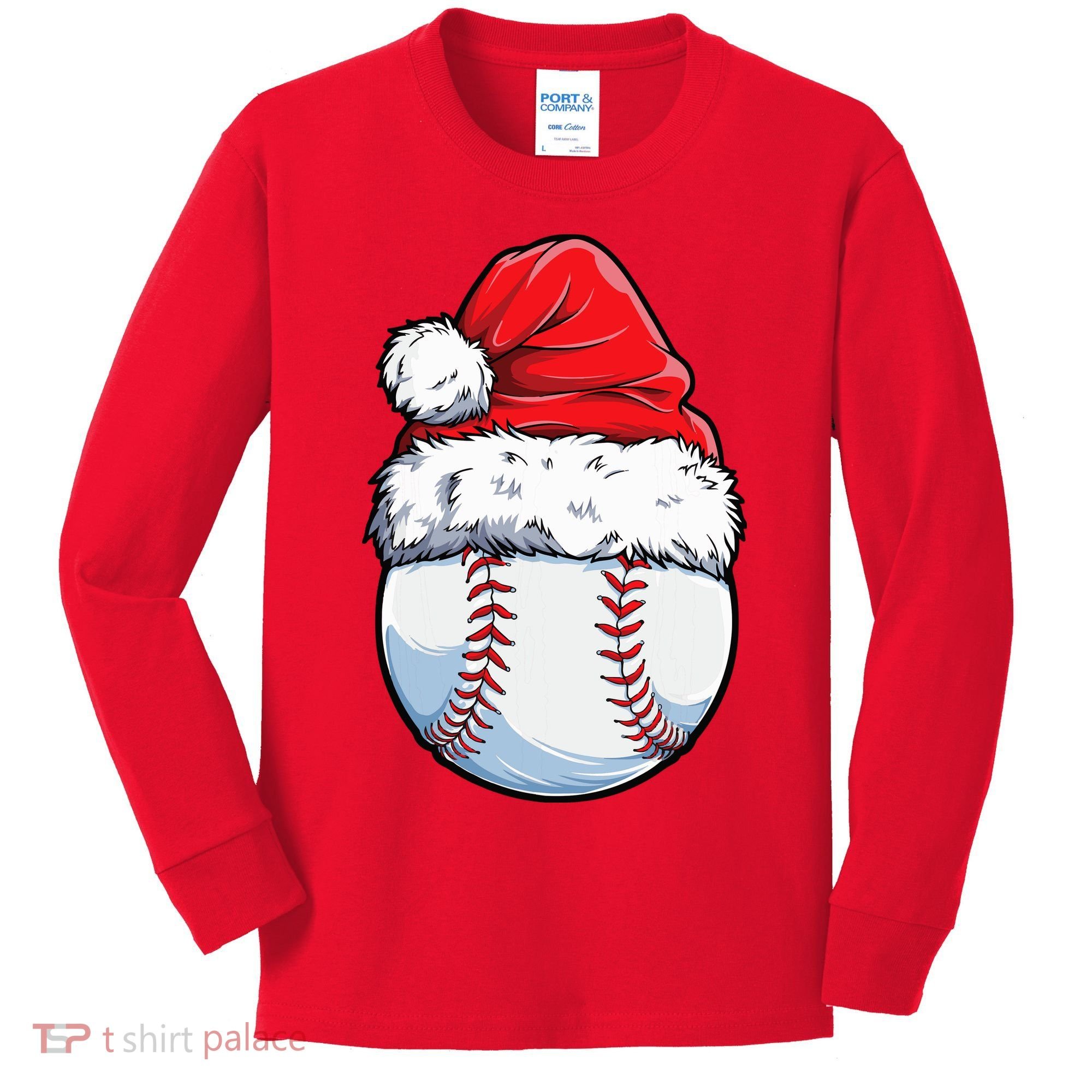 Christmas Baseball Ball Santa Hat Xmas Boys Kids Long Sleeve Shirt
