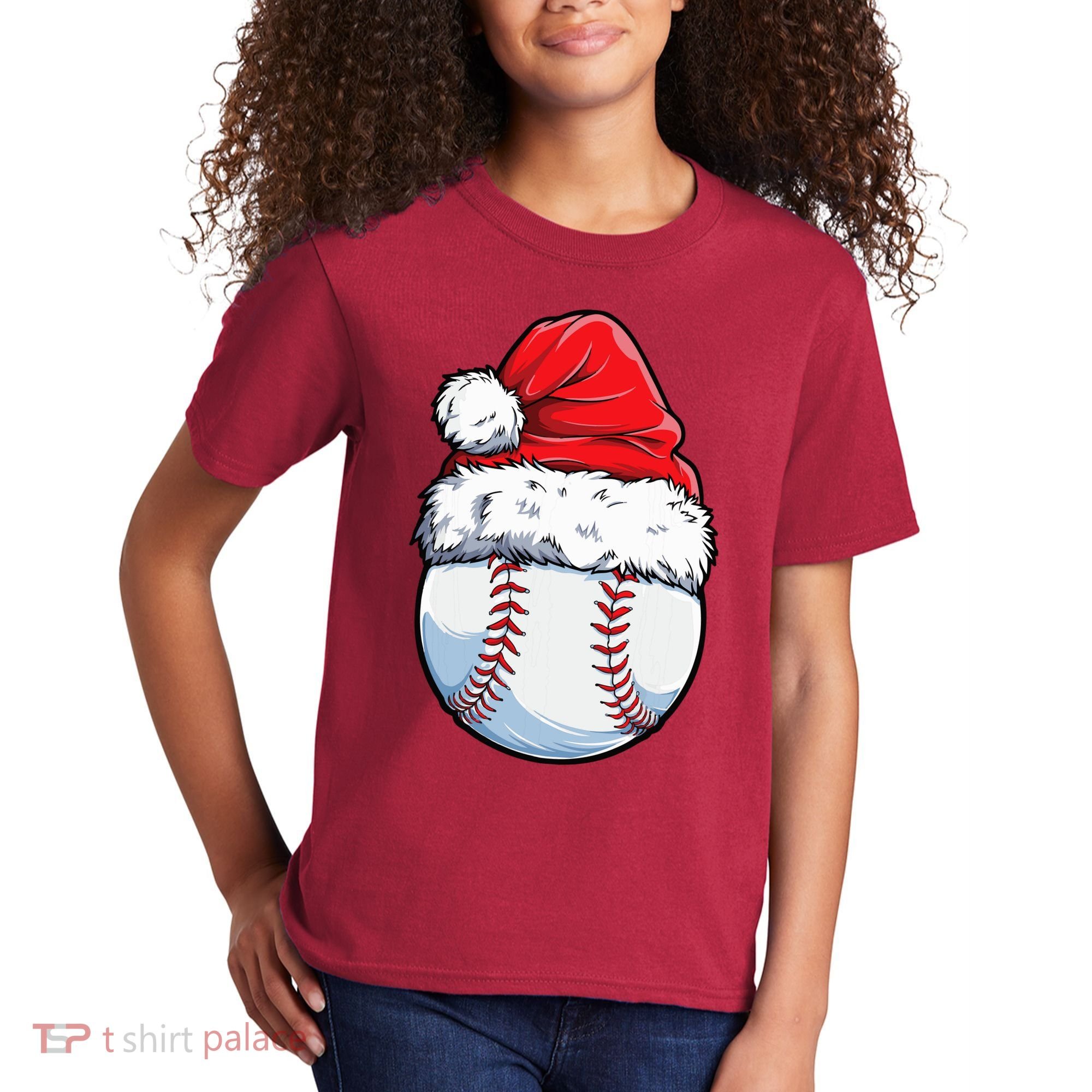 Christmas Baseball Ball Santa Hat Xmas Boys Kids T-Shirt
