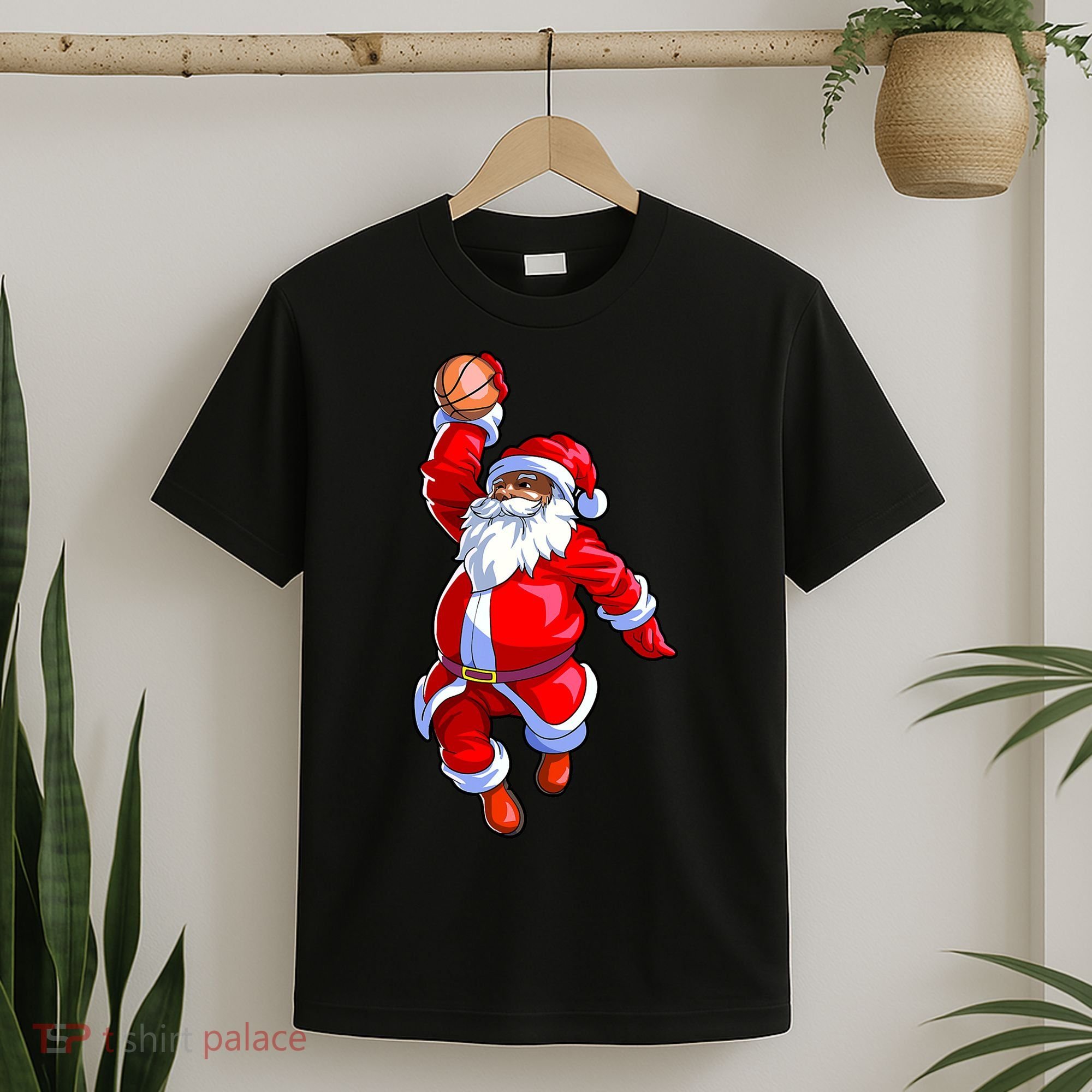 Christmas Basketball Black African American Santa T-Shirt