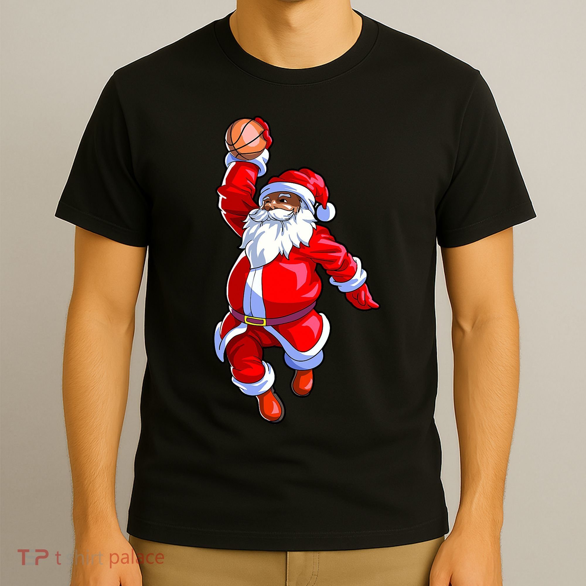 Christmas Basketball Black African American Santa T-Shirt