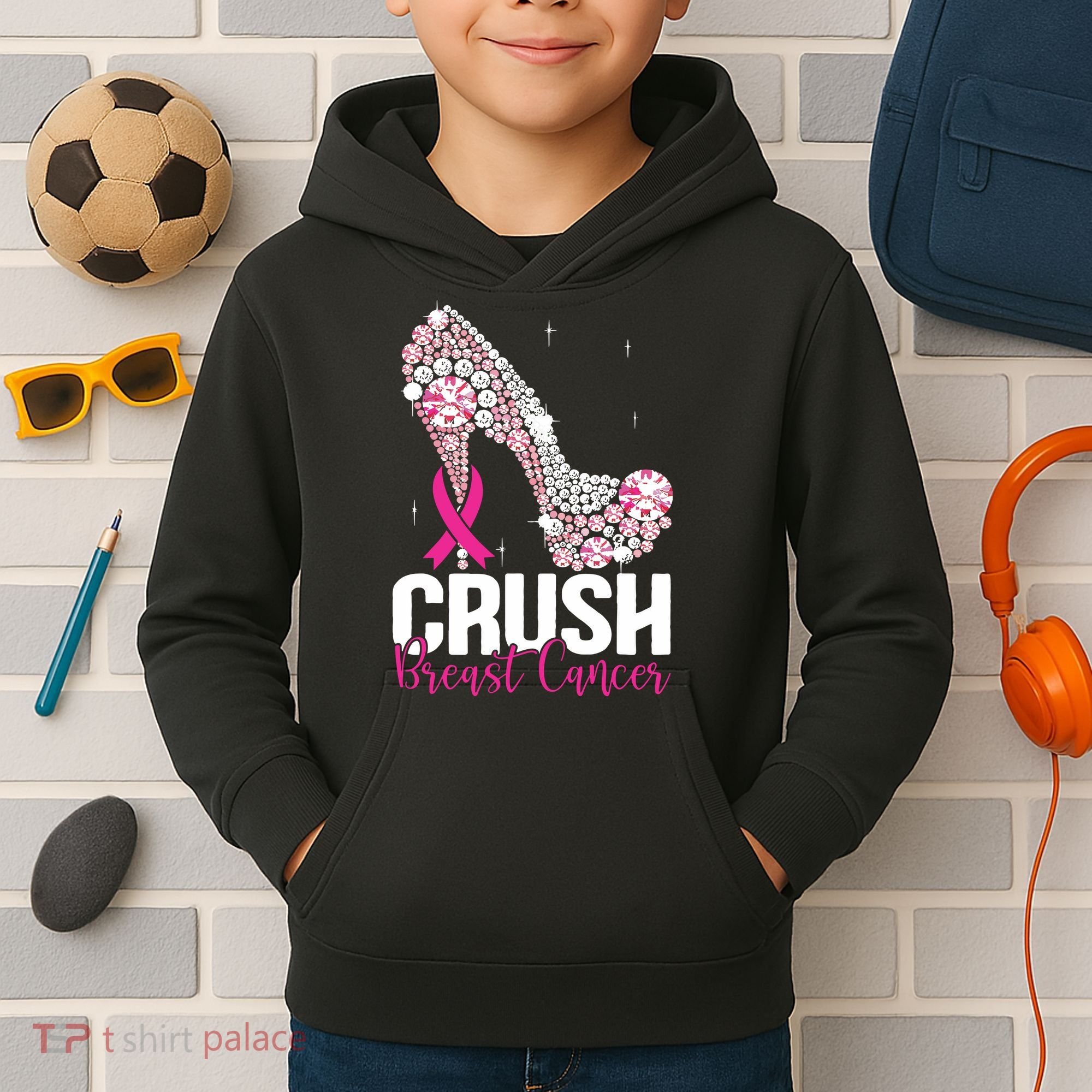 Crush Breast Cancer Awareness Bling Pink Ribbon Kids Hoodie