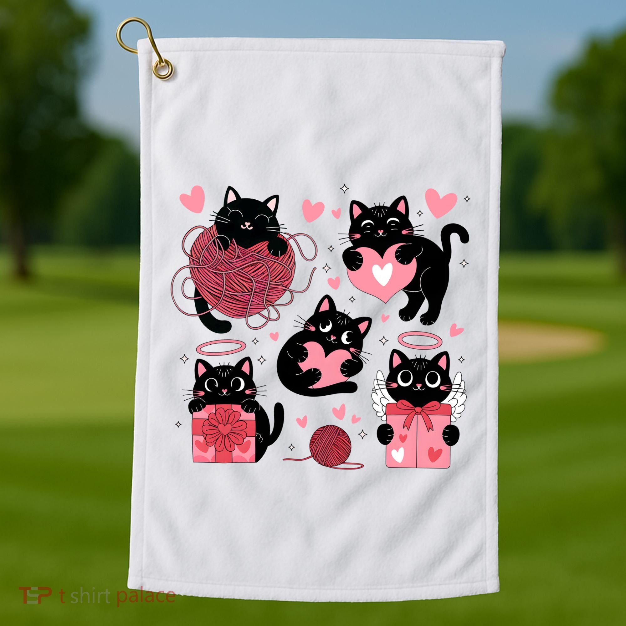 Cute Black Cat Lover Lovely Funny Cat Heart Golf Towel