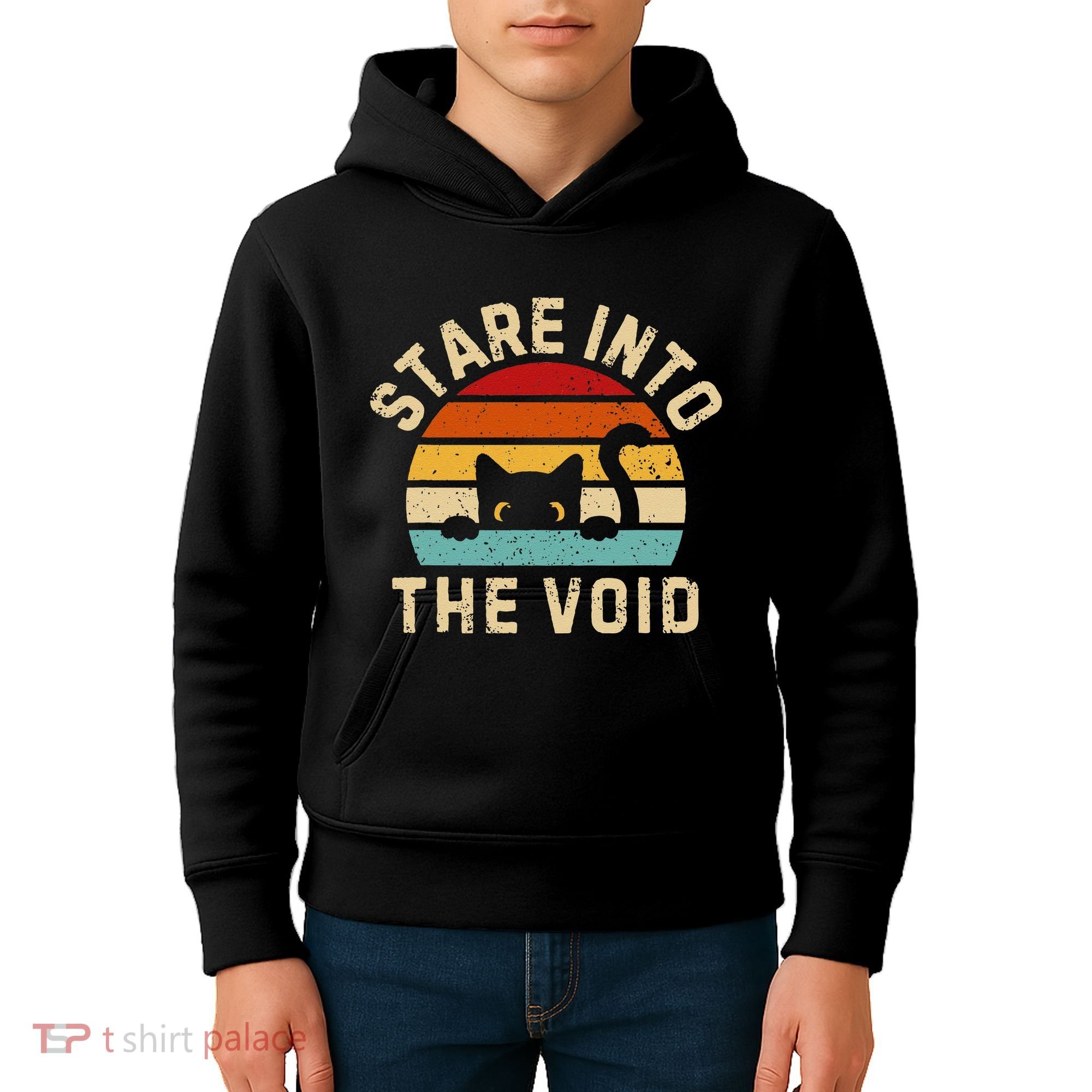 Cute Black Cat Stare Into The Void Kids Hoodie