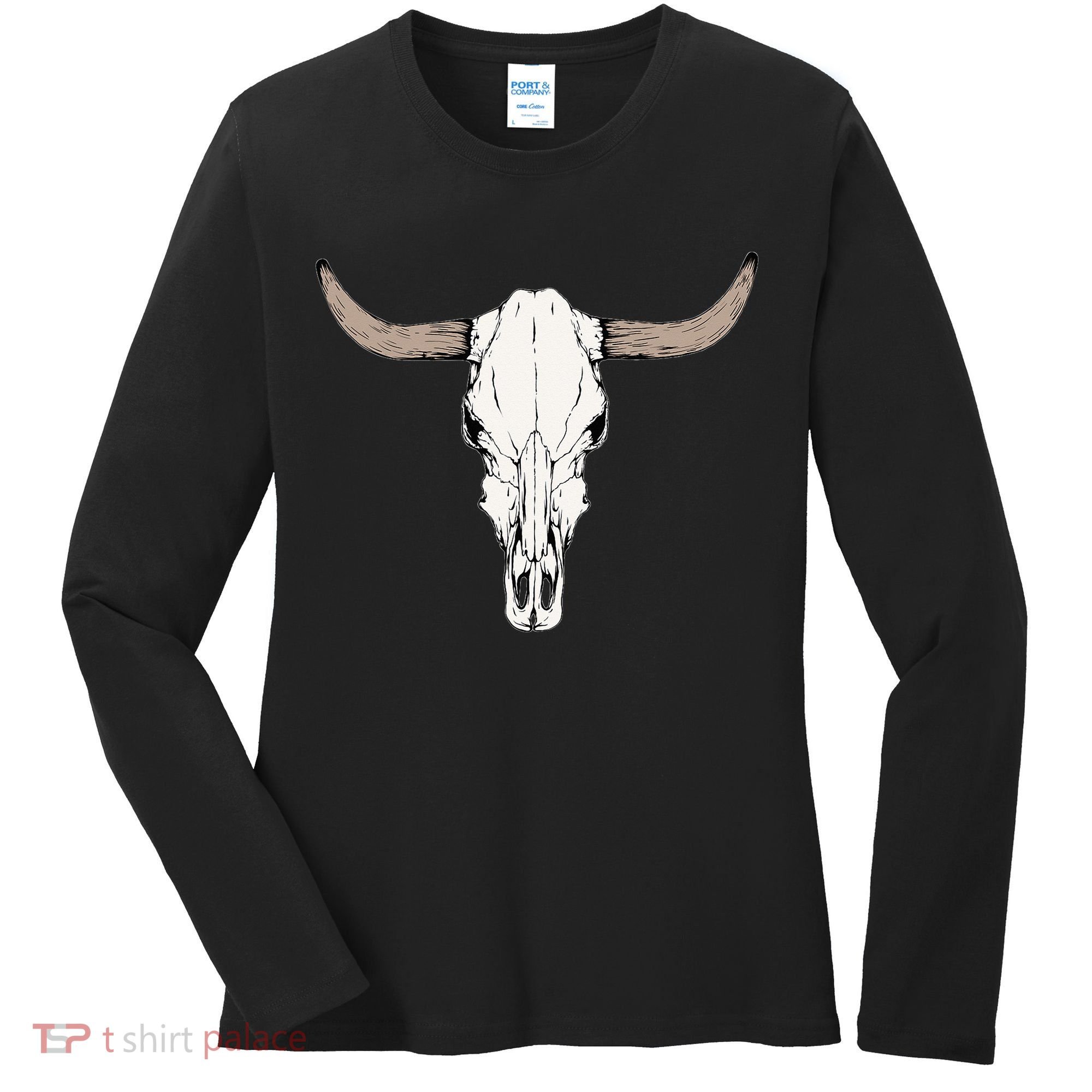 Cow Bull Cattle Skull Head Western Animal Women's Long Sleeve Shirt