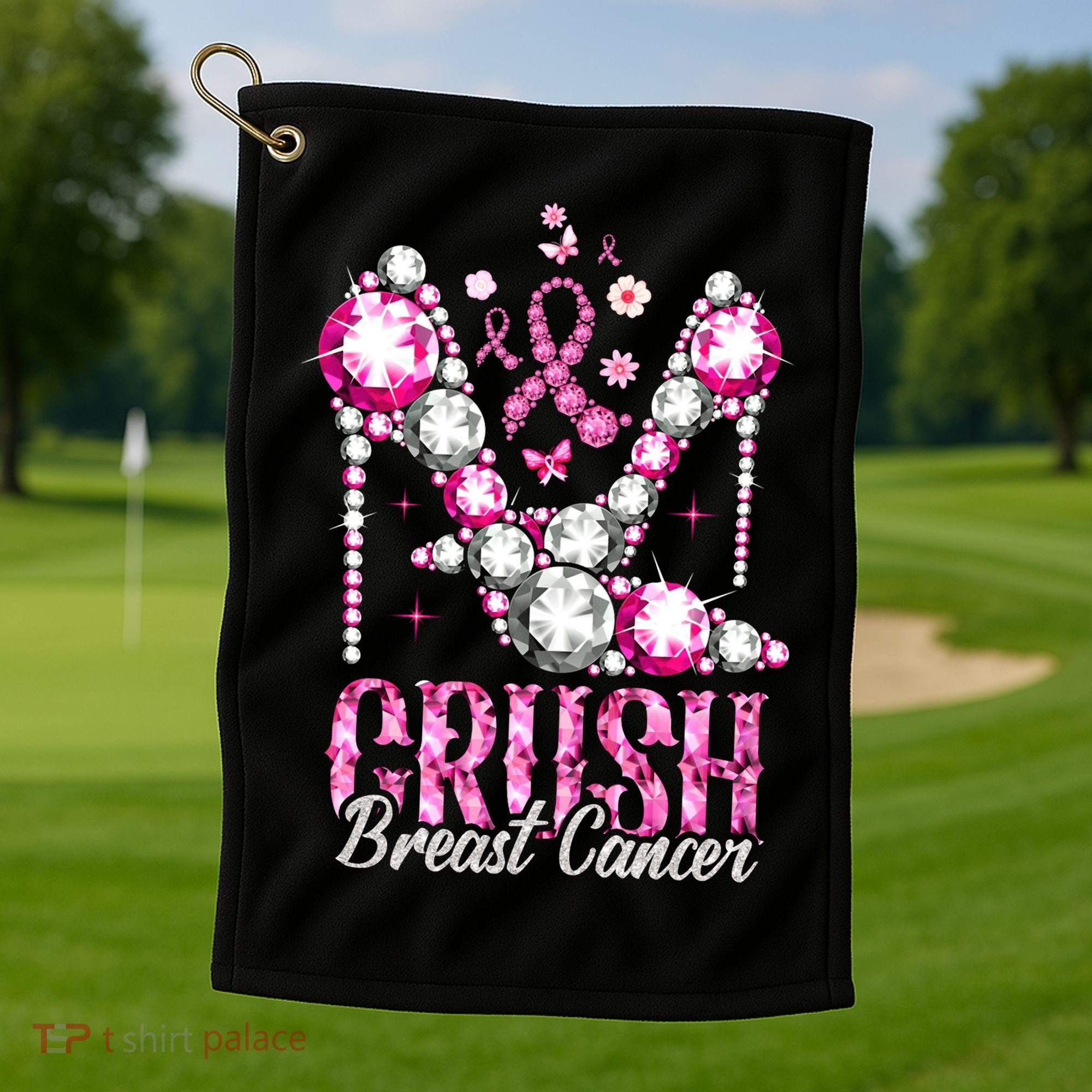 Crush Breast Cancer Awareness Bling Pink Ribbon Golf Towel