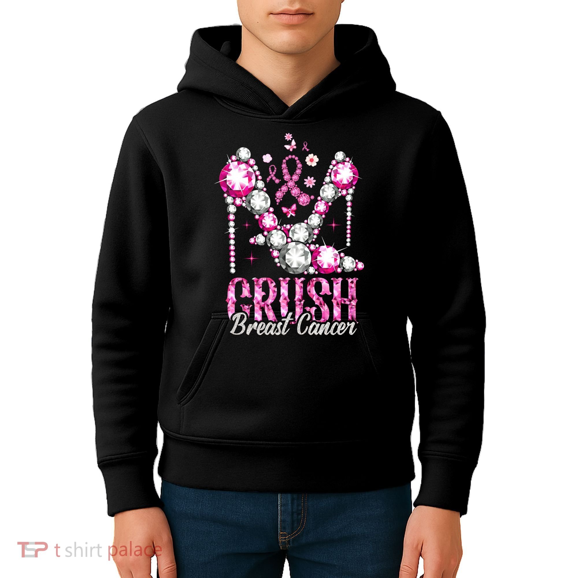 Crush Breast Cancer Awareness Bling Pink Ribbon Kids Hoodie