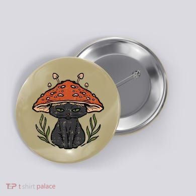 Cottagecore Black Cat Mushroom Cute Women Button