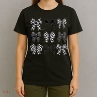 Coquette Bow Checkered Flag Race Car Racing Women Cute T-Shirt thumb 4