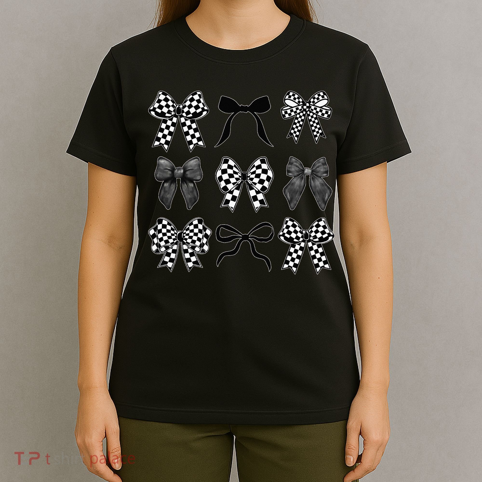 Coquette Bow Checkered Flag Race Car Racing Women Cute T-Shirt