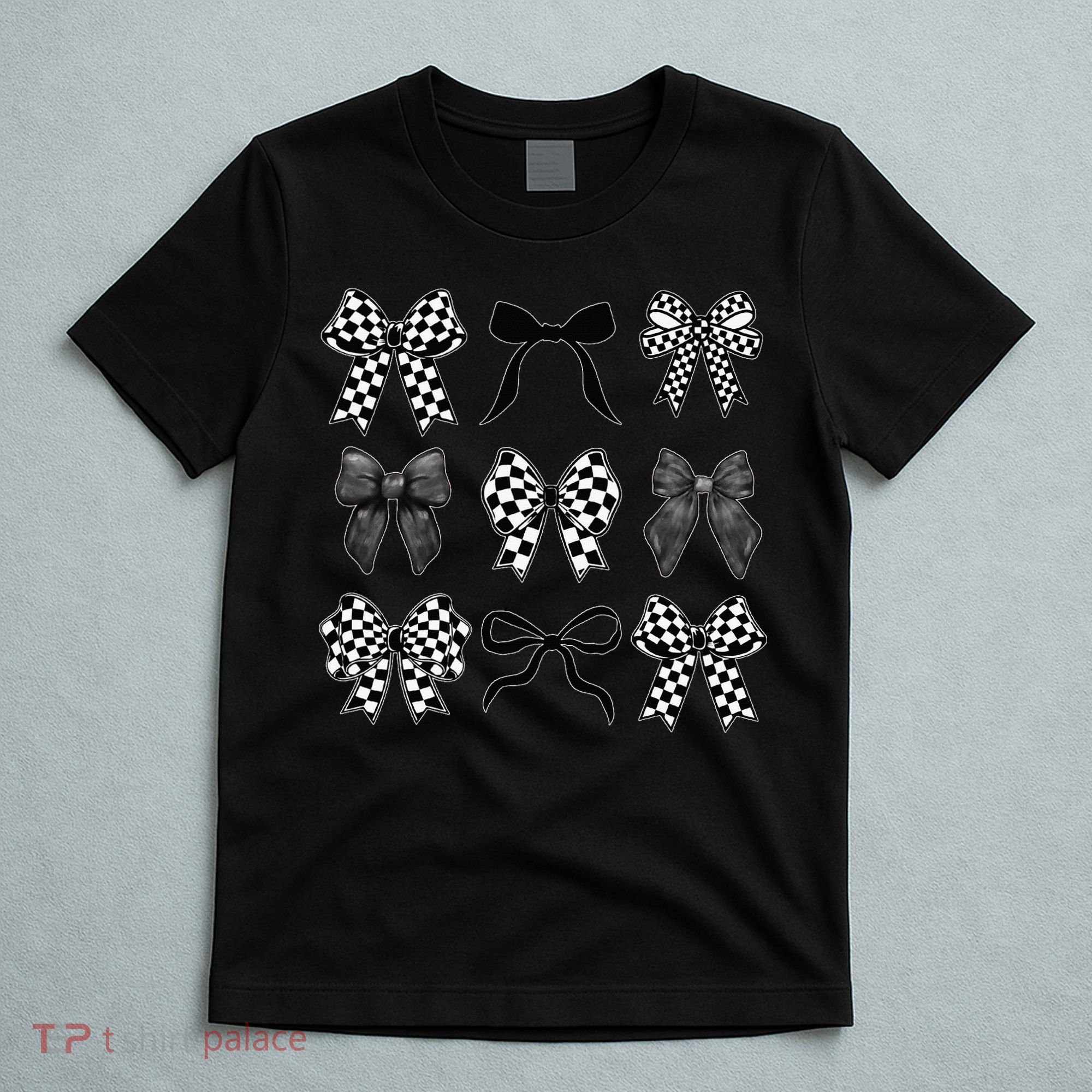 Coquette Bow Checkered Flag Race Car Racing Women Cute T-Shirt