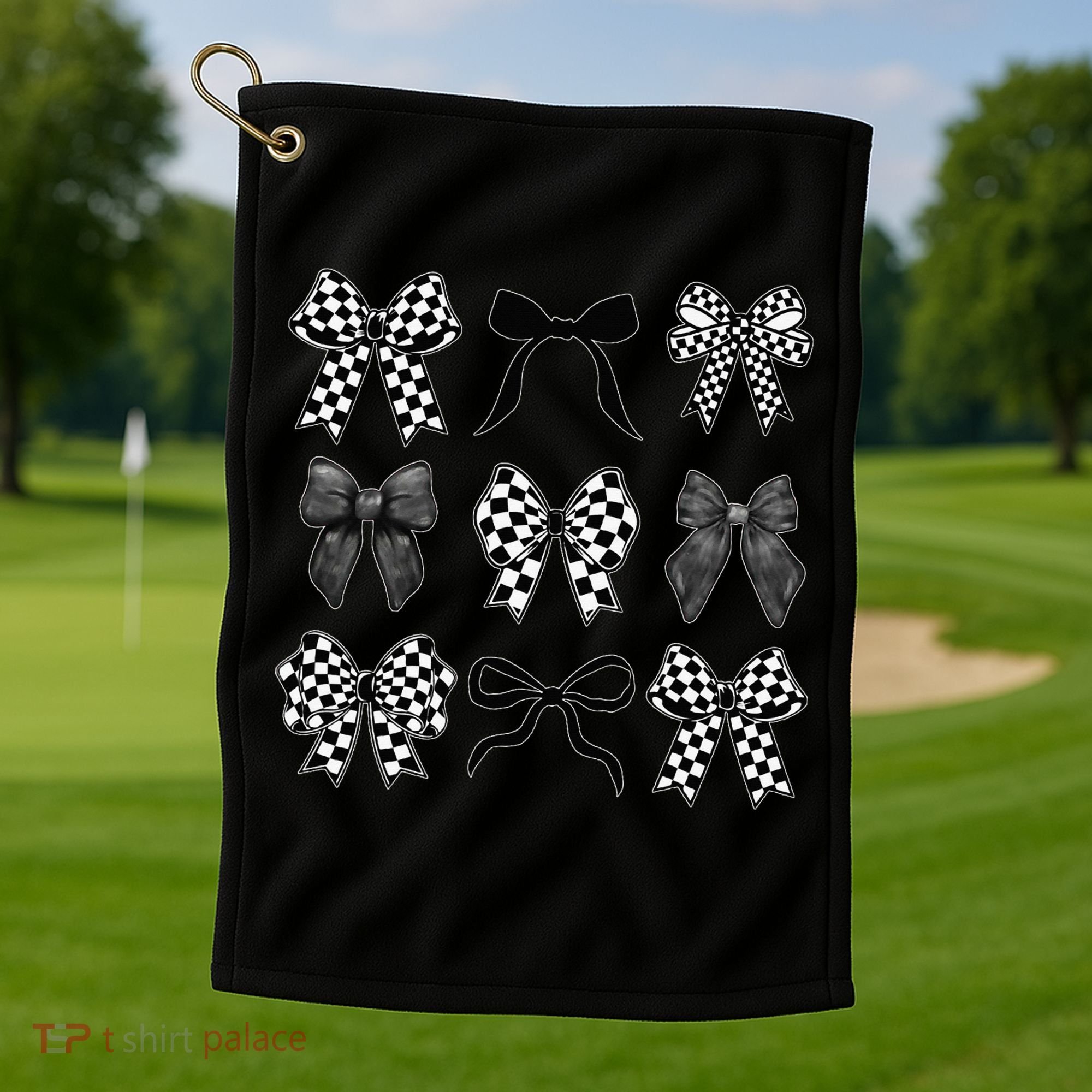 Coquette Bow Checkered Flag Race Car Racing Women Cute Golf Towel