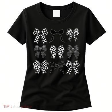 Coquette Bow Checkered Flag Race Car Racing Women Cute Women's T-Shirt