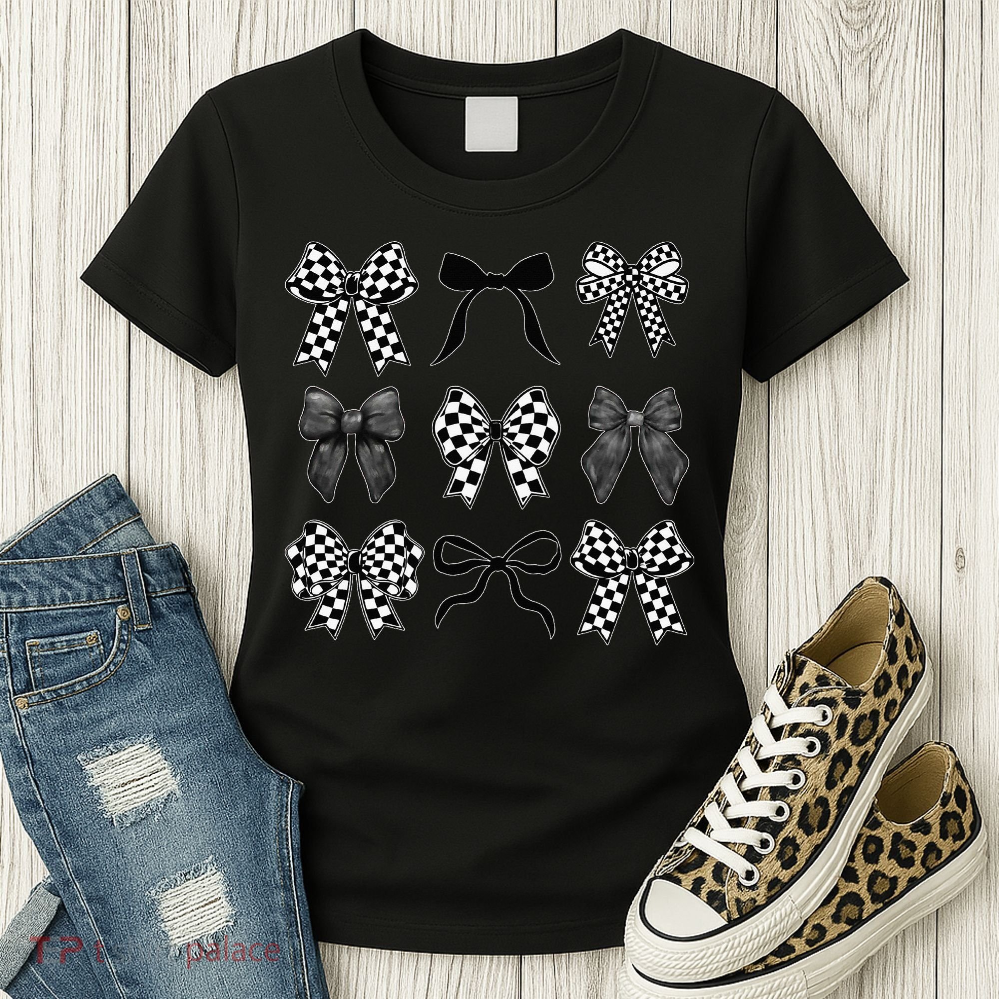 Coquette Bow Checkered Flag Race Car Racing Women Cute Women's T-Shirt