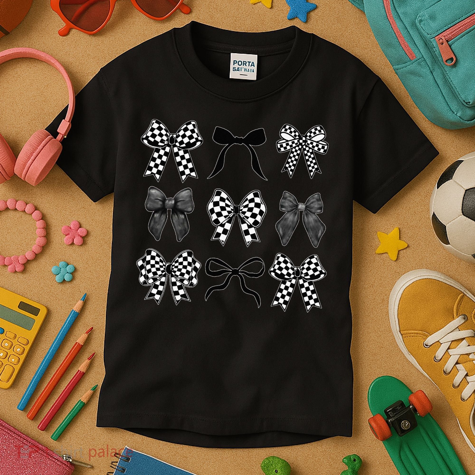 Coquette Bow Checkered Flag Race Car Racing Women Cute Kids T-Shirt