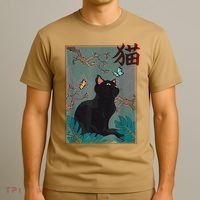Cherry Blossom Cat Vintage Woodblock Japanese Graphical Art T-Shirt thumb 3