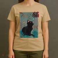 Cherry Blossom Cat Vintage Woodblock Japanese Graphical Art T-Shirt thumb 4