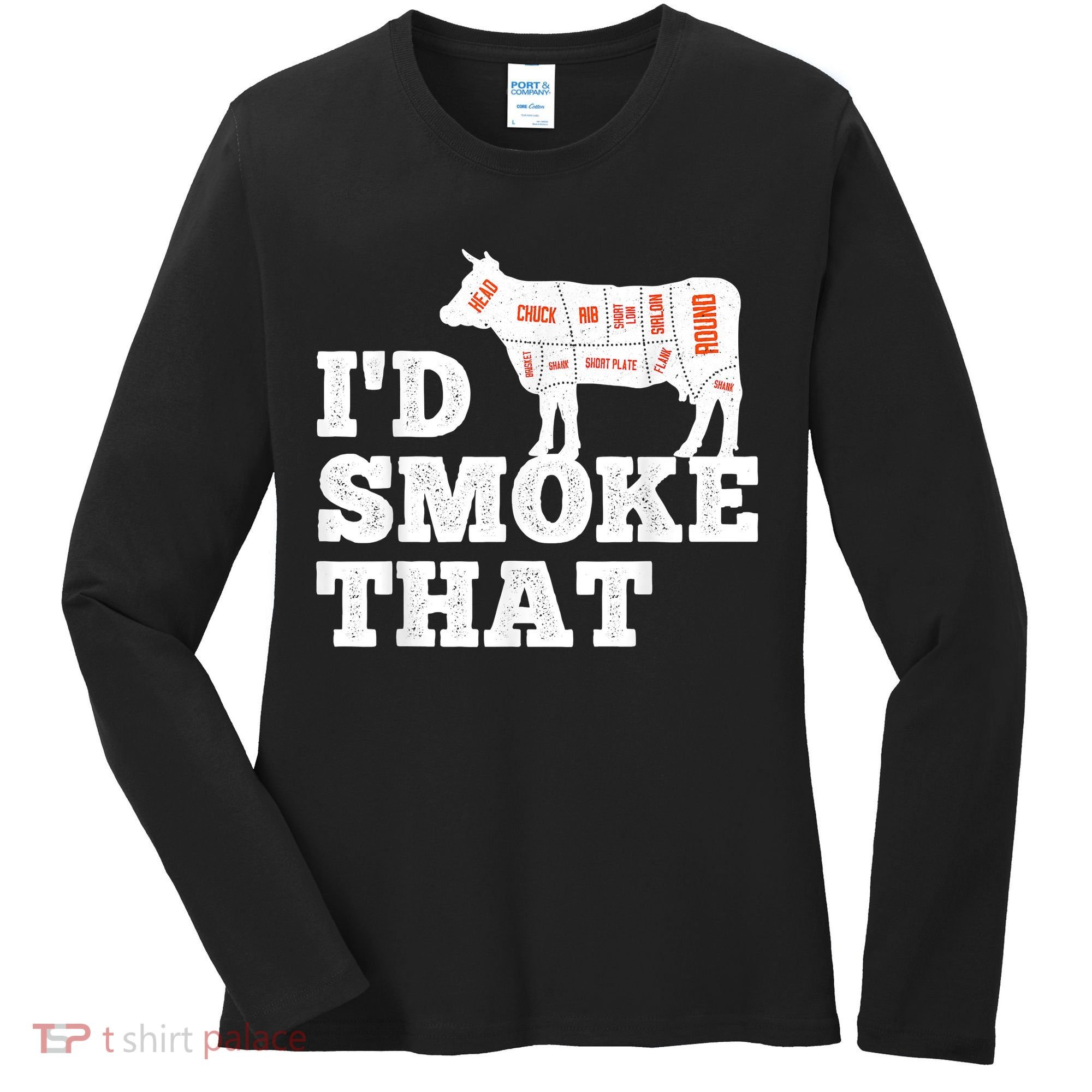 Chef Butcher Cook BBQ I'd Smoke That Funny Barbecue Cow Women's Long Sleeve Shirt