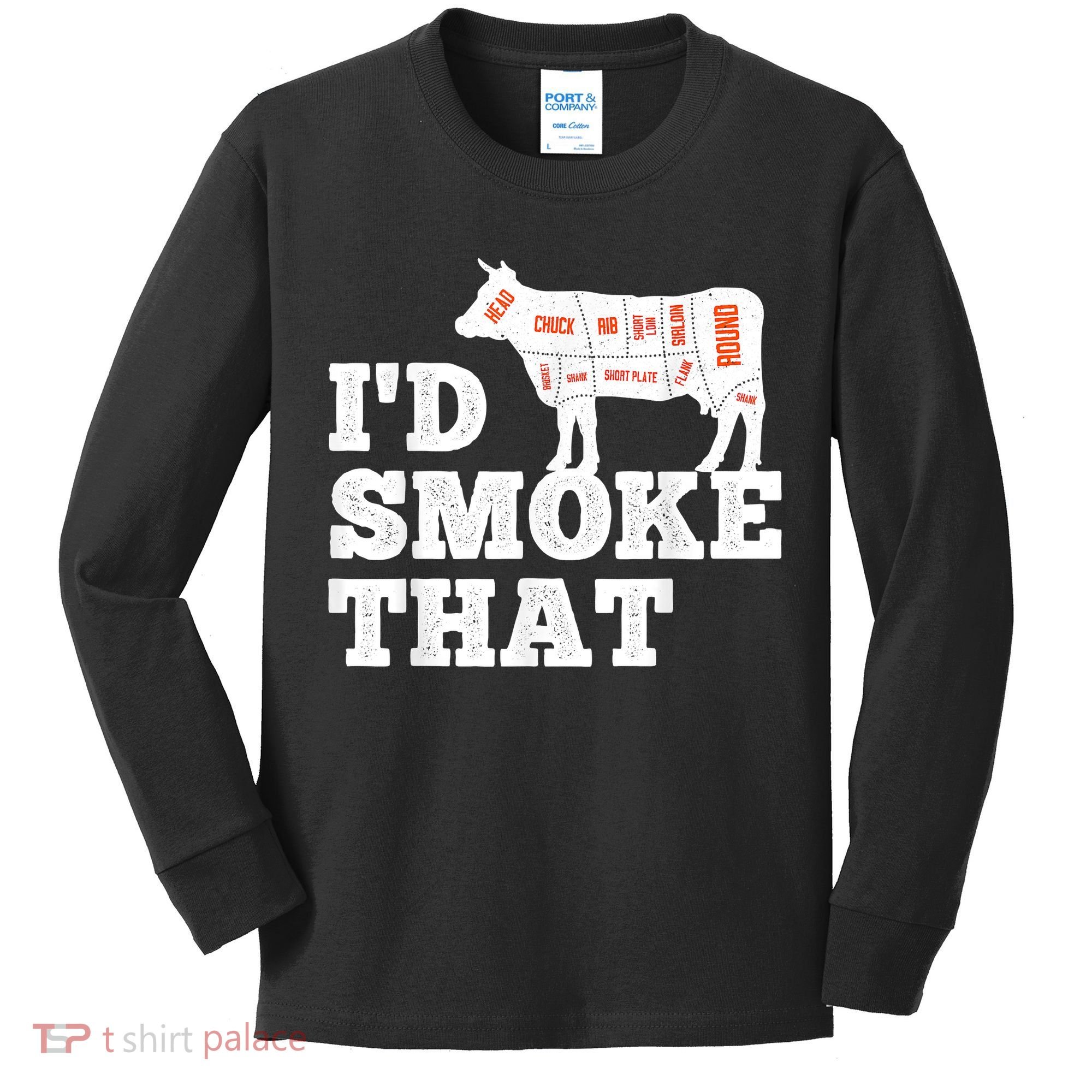 Chef Butcher Cook BBQ I'd Smoke That Funny Barbecue Cow Kids Long Sleeve Shirt