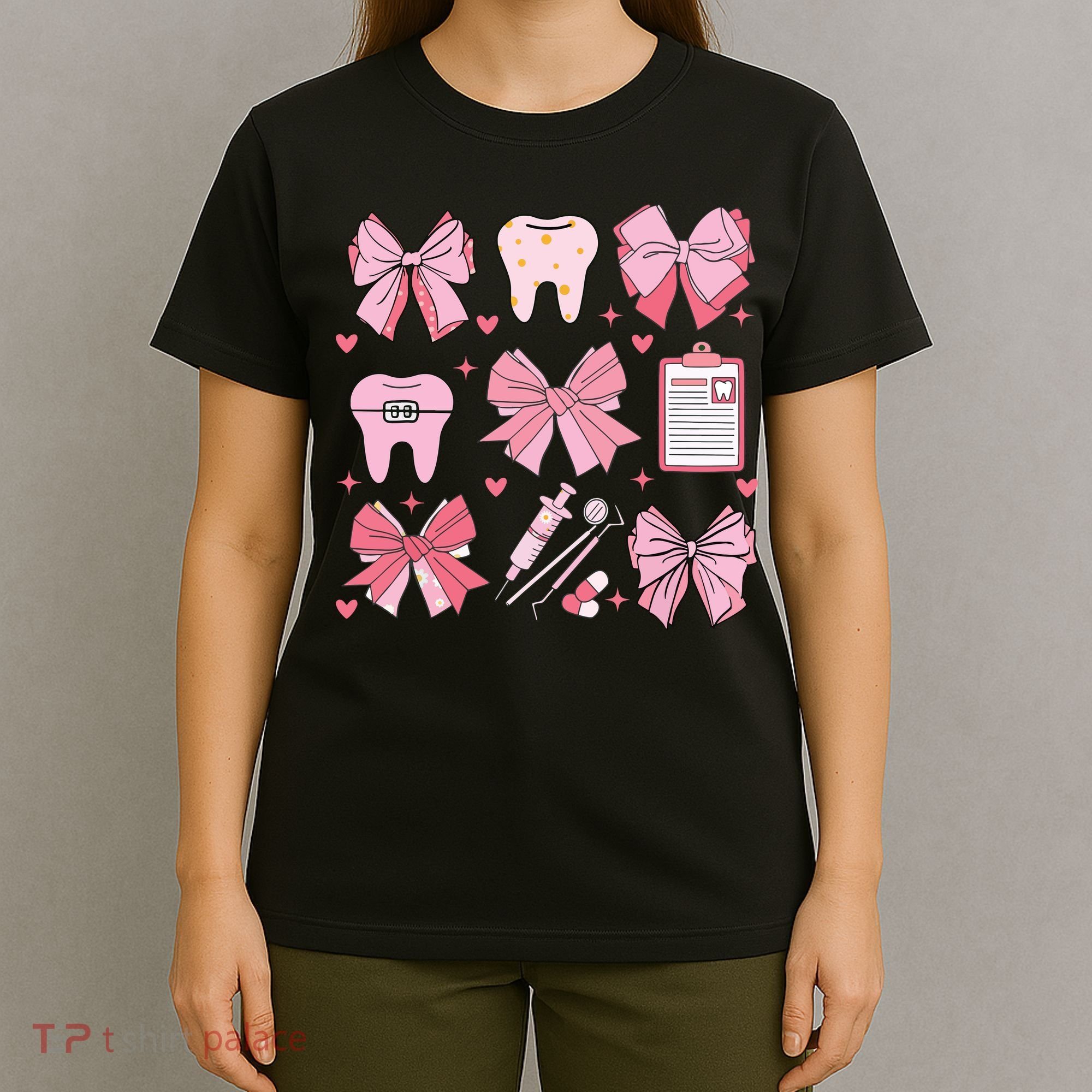 Coquette Bow Cute Teeth Dentist Squad Dental Assistant T-Shirt