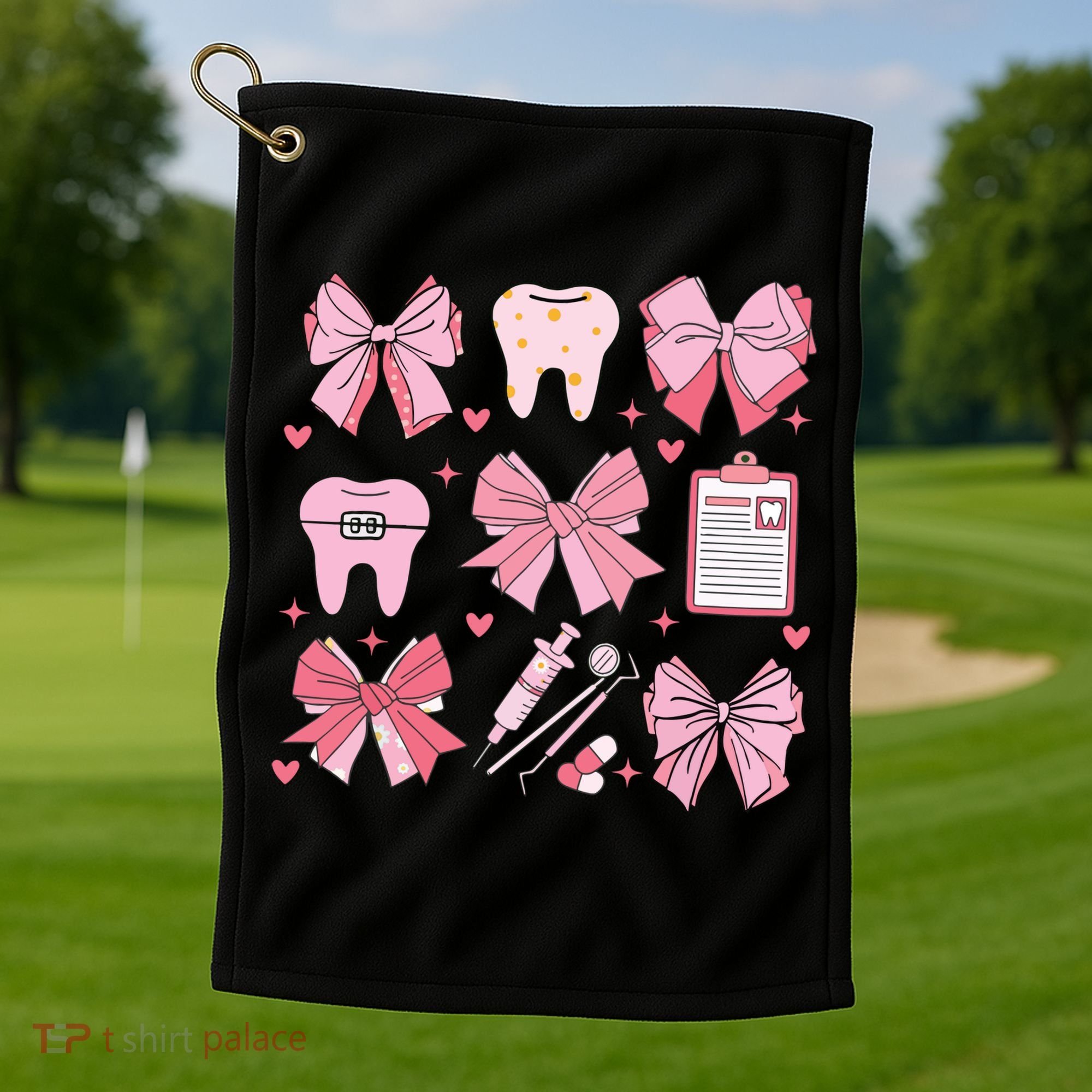 Coquette Bow Cute Teeth Dentist Squad Dental Assistant Golf Towel