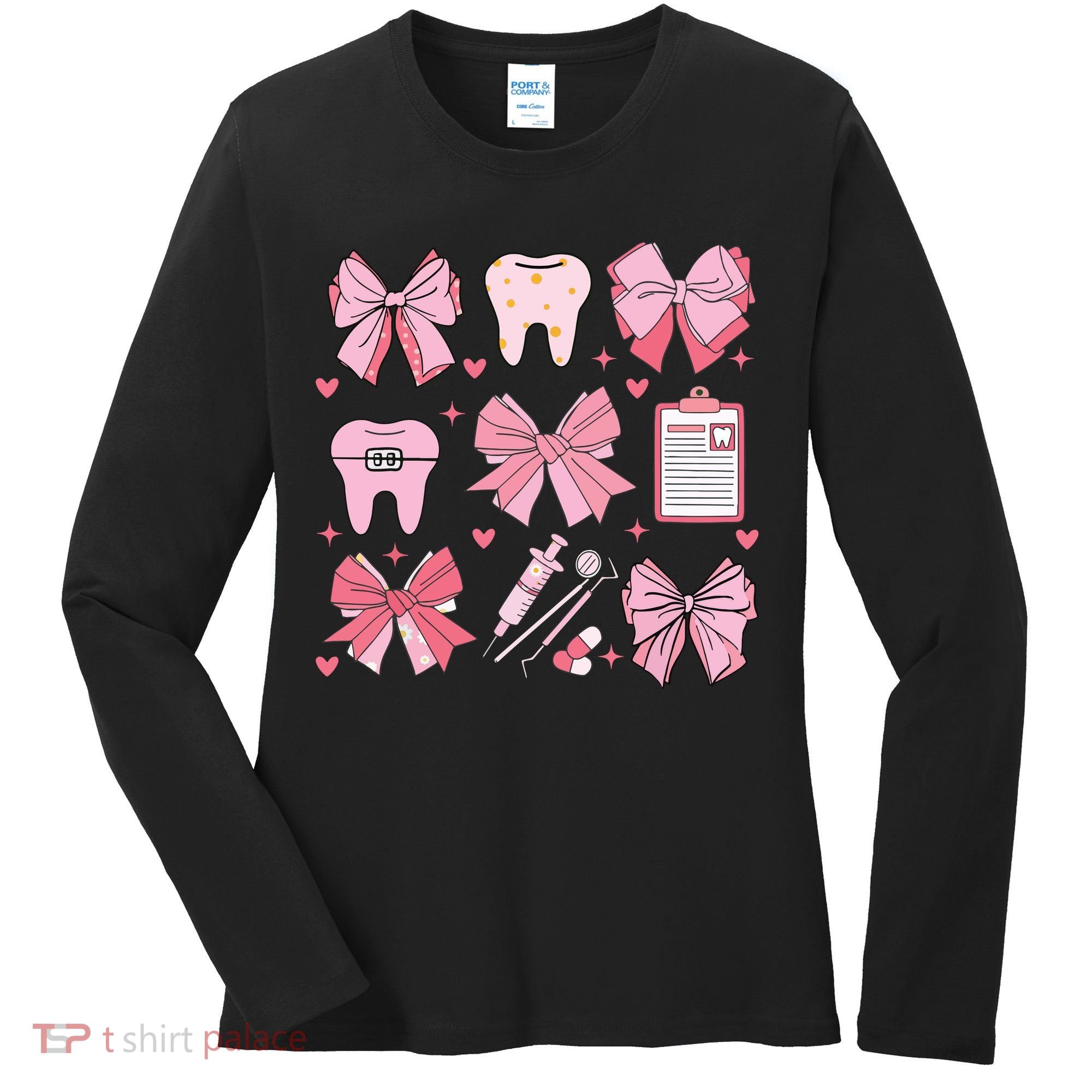 Coquette Bow Cute Teeth Dentist Squad Dental Assistant Women's Long Sleeve Shirt