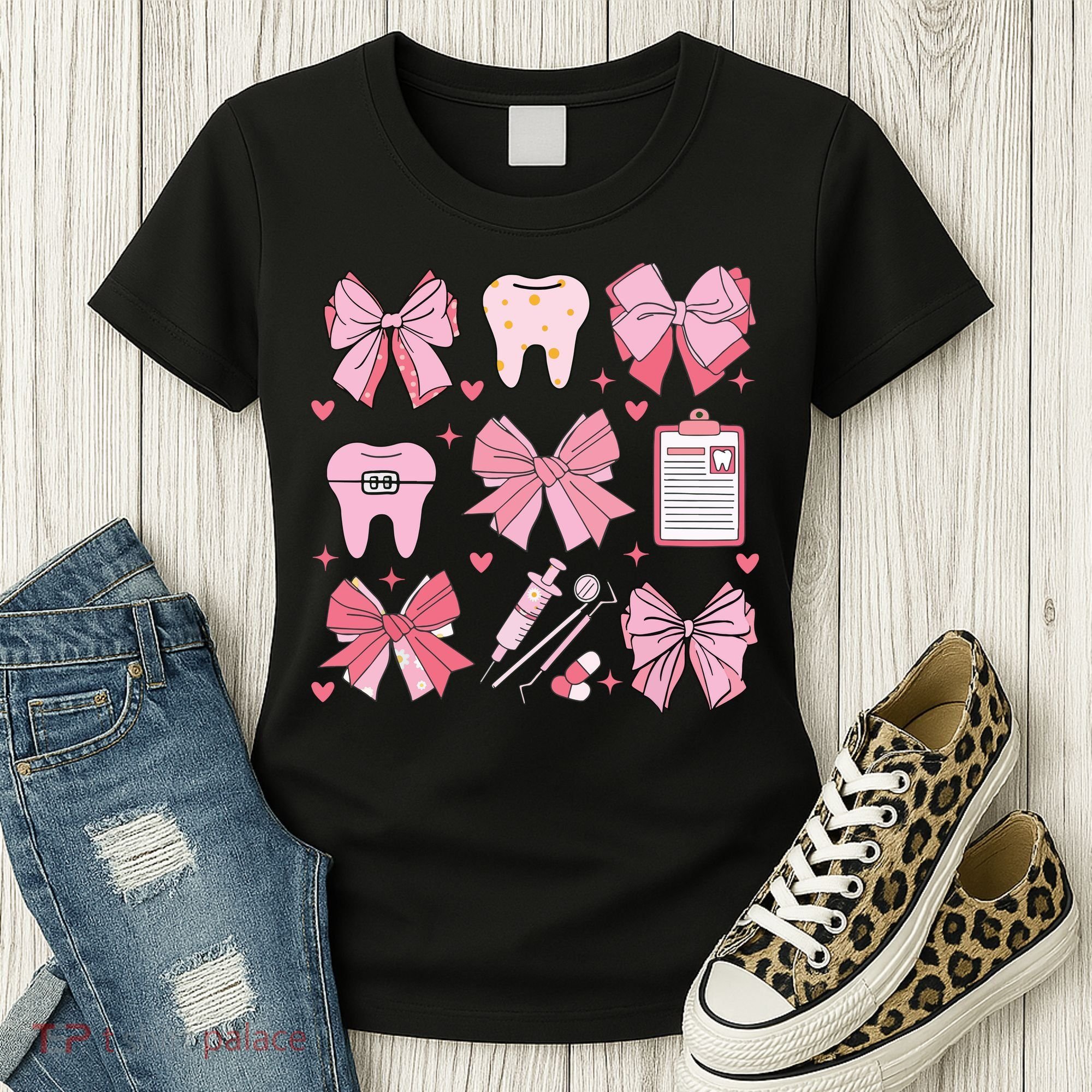 Coquette Bow Cute Teeth Dentist Squad Dental Assistant Women's T-Shirt